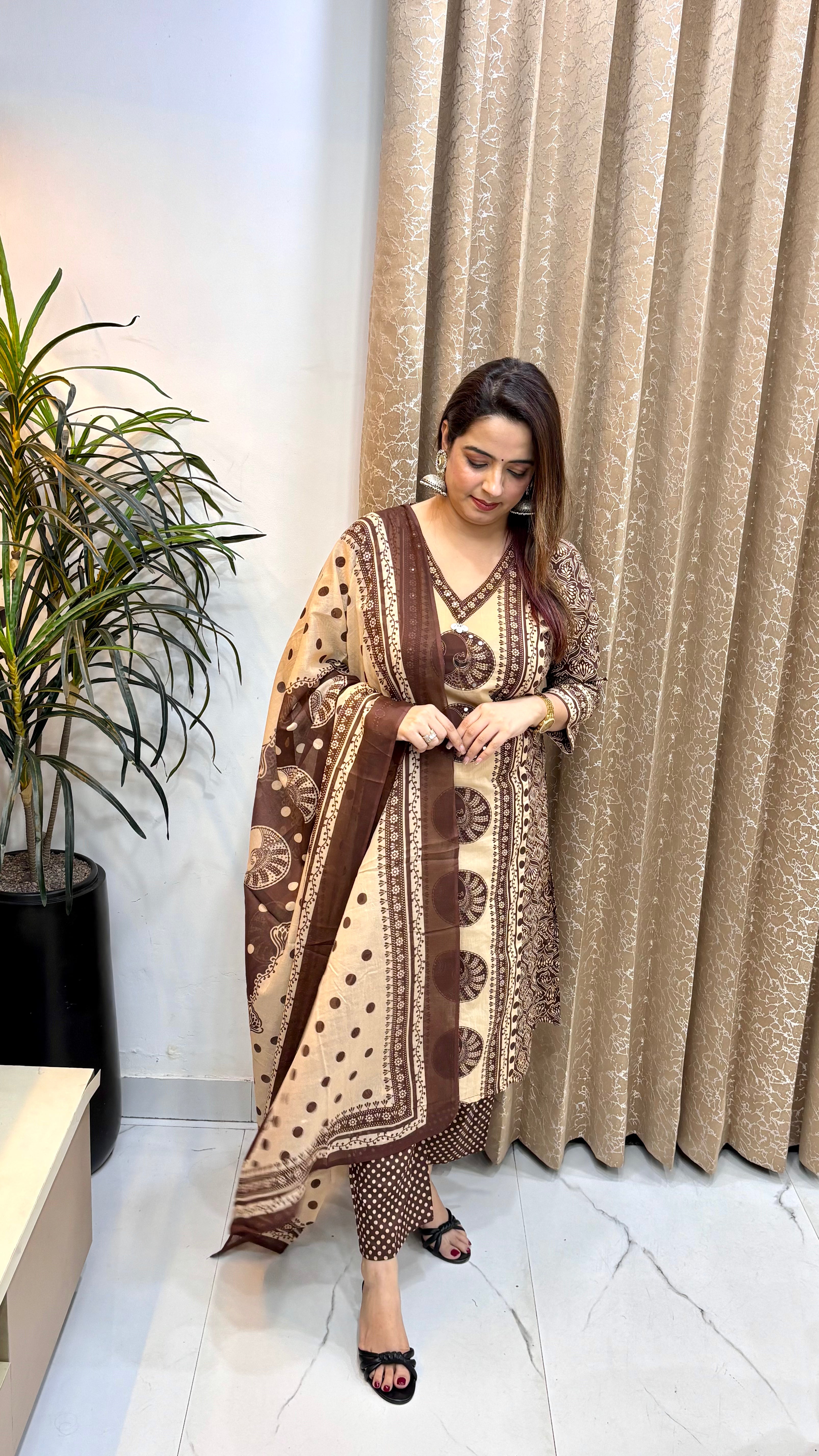 Pure Cotton Kalamkari Printed Suit with Real Mirror & Kaudi Work