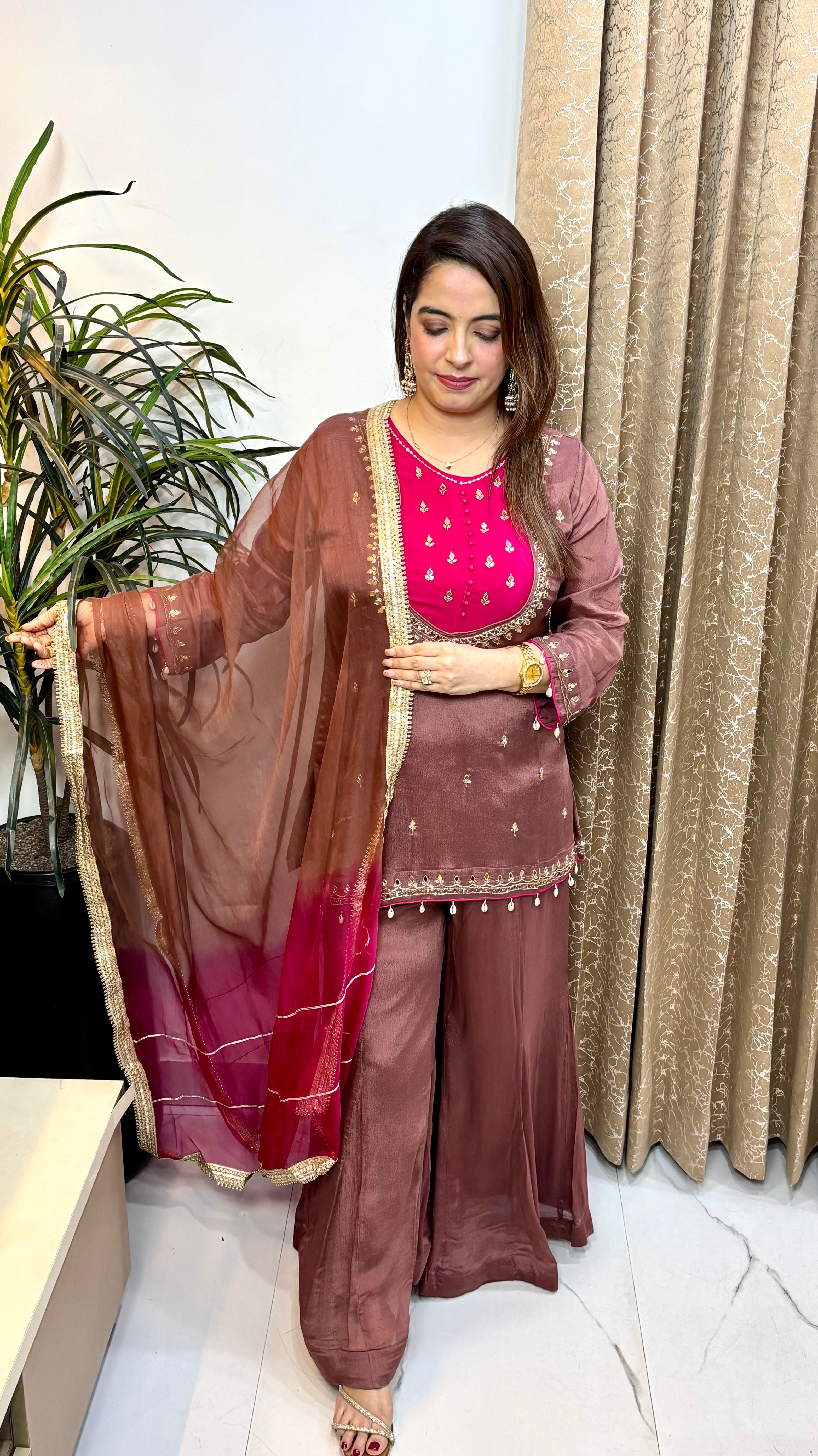 Pure Chinon Kalidar Suit with Real Mirror, Cutdana, Kaudi Hangings & Organza Gota Dupatt