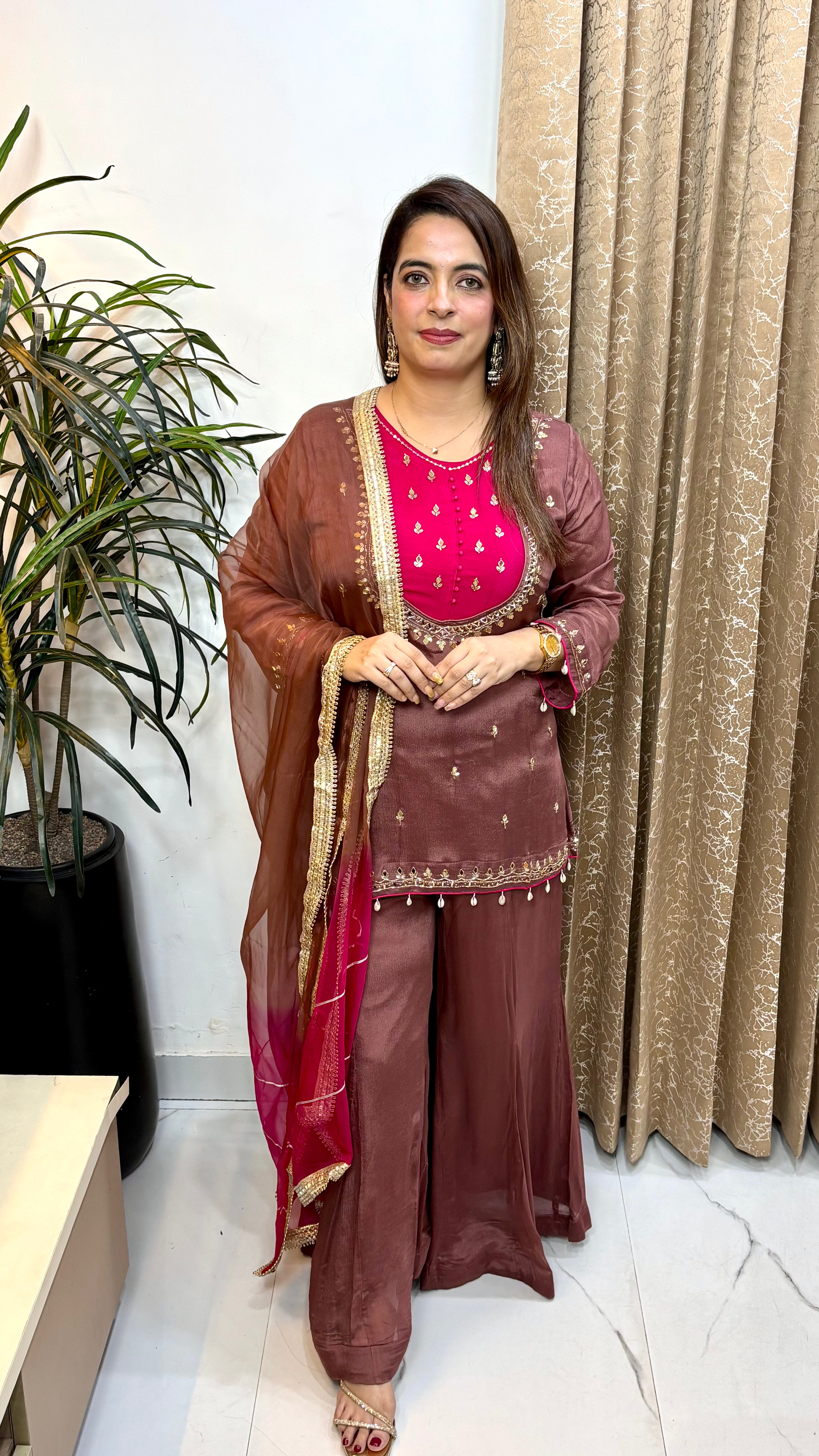 Pure Chinon Kalidar Suit with Real Mirror, Cutdana, Kaudi Hangings & Organza Gota Dupatt