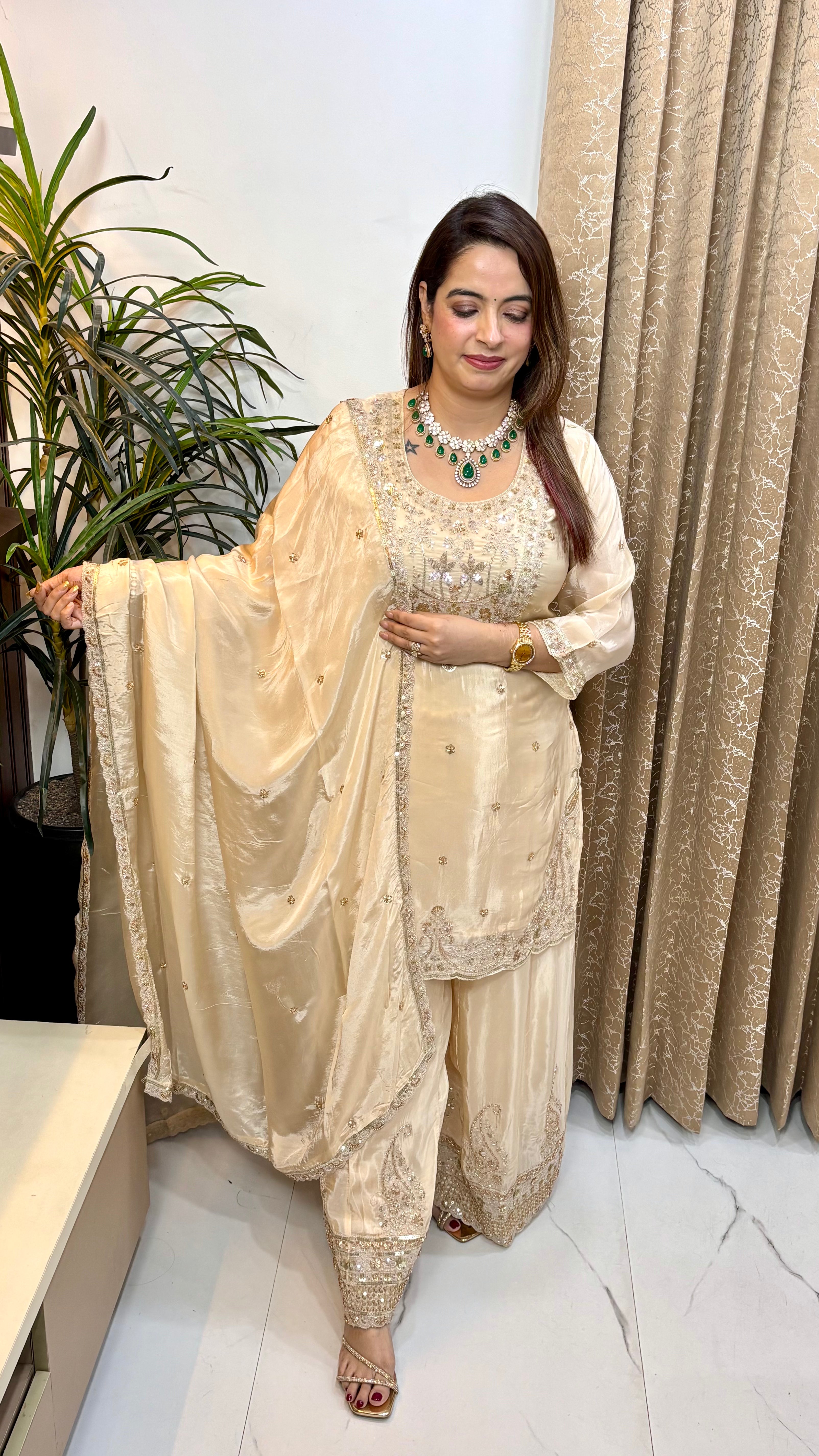 Pure Crepe Suit with Embroidered Kalidar Sharara Divider & Embroidery Dupatta