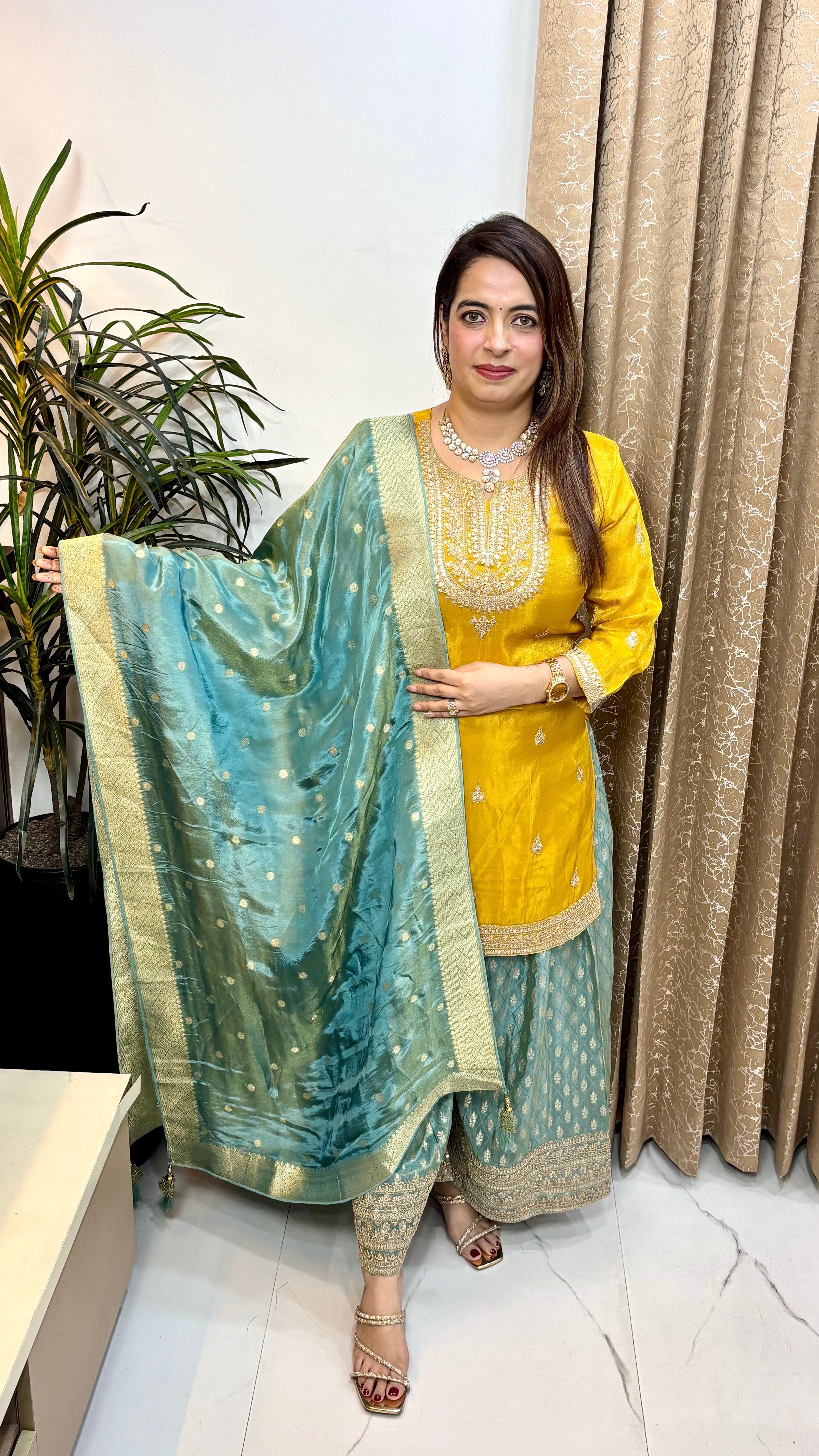 Organza Shimmer Suit with Zardozi Work, Embroidered Divider & Banarasi Dupatta