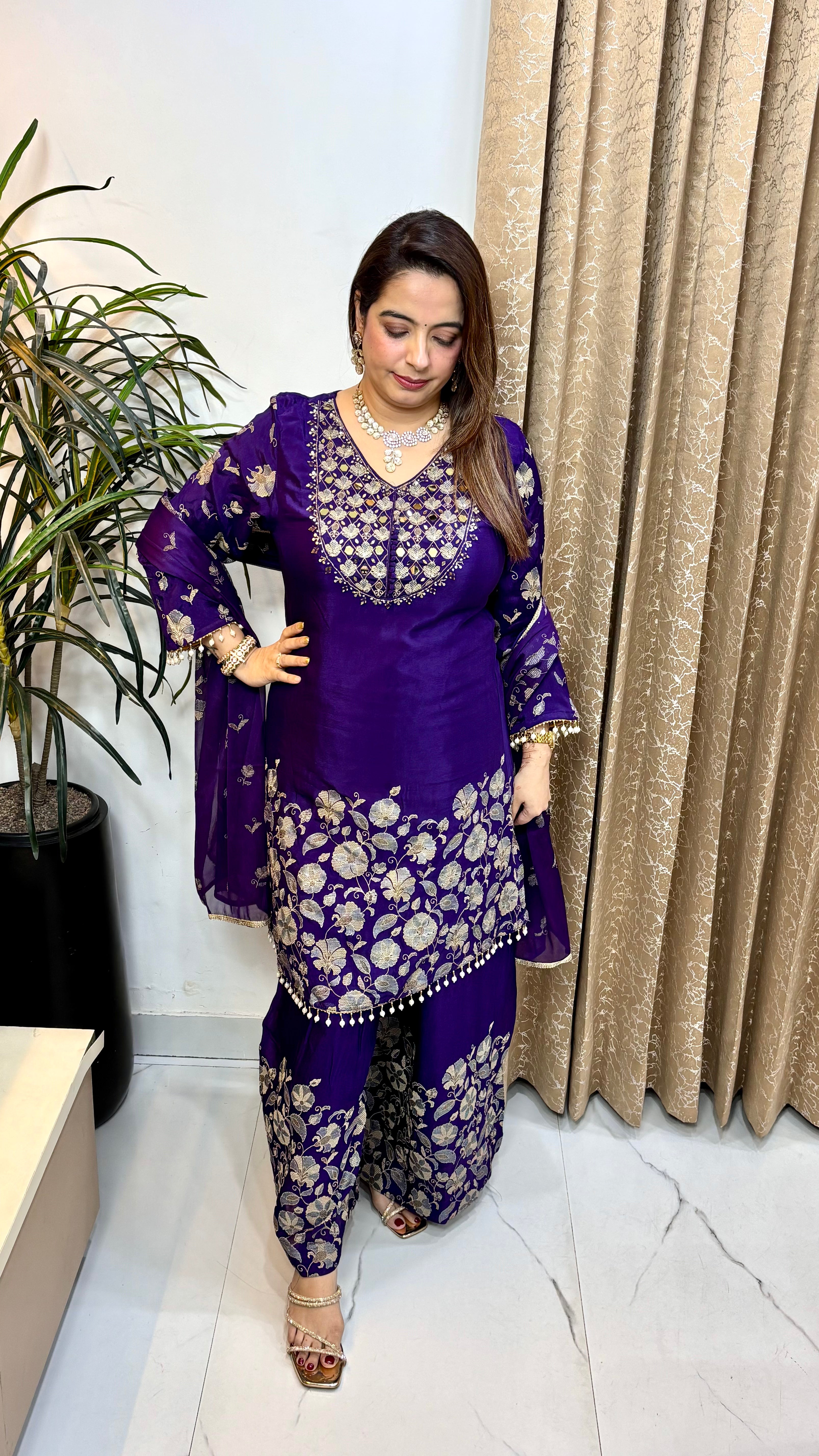 Pure Chinon A-Line Suit with Real Mirror Work, Cutdana, Block Print & Tassel Borders