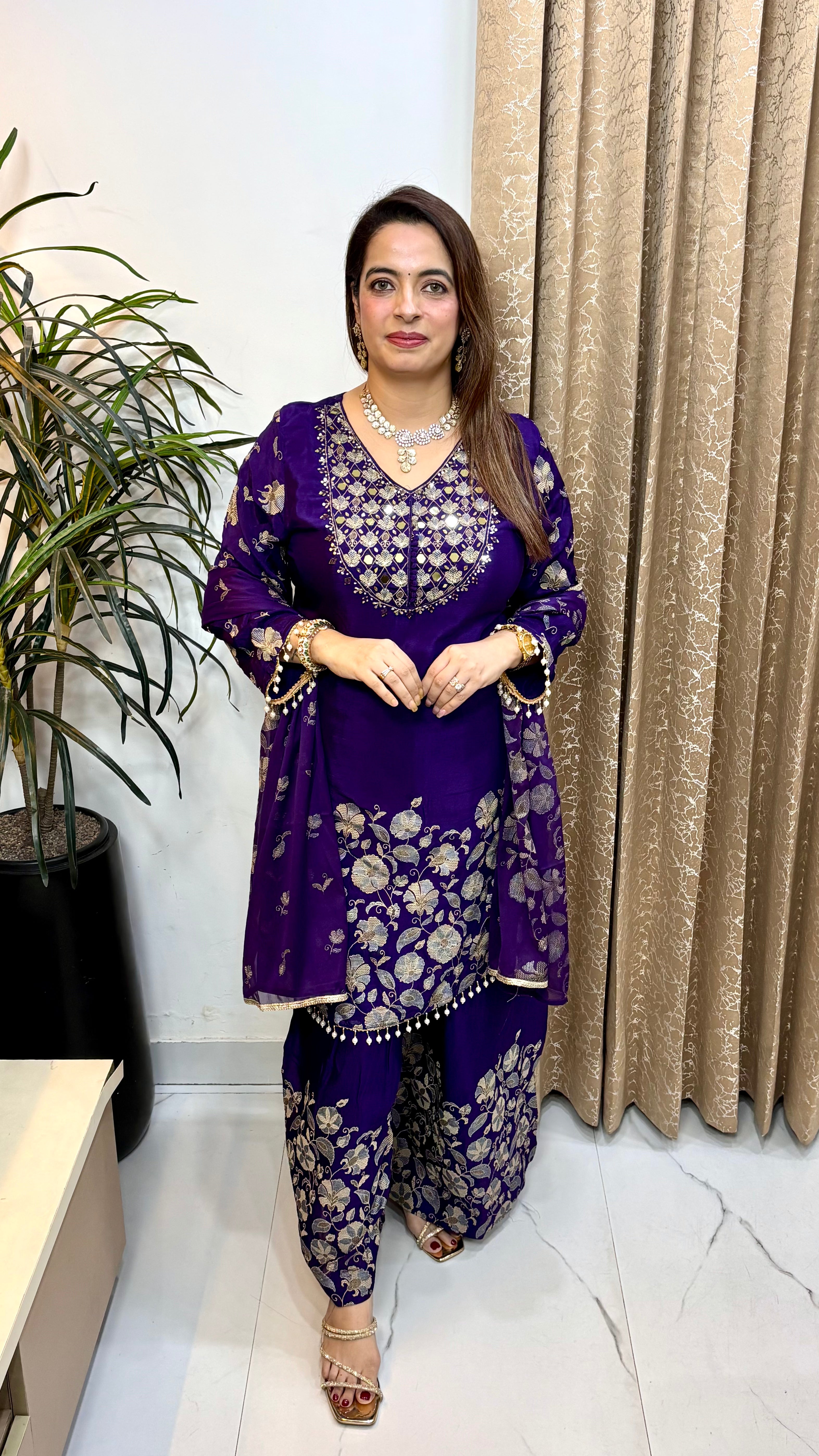 Pure Chinon A-Line Suit with Real Mirror Work, Cutdana, Block Print & Tassel Borders