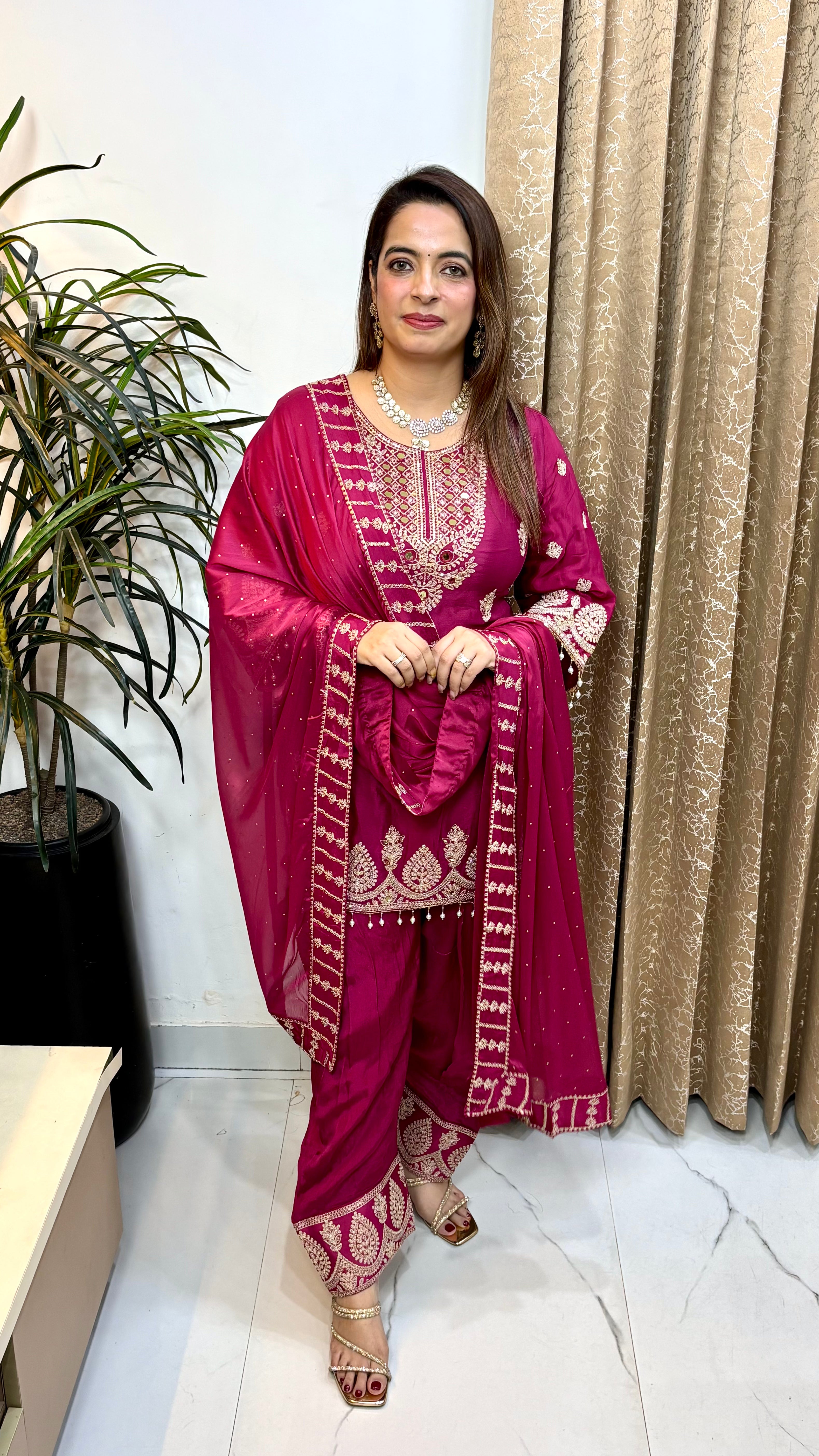 Pure Chinon Suit with Real Mirror Work, Tassels & Viral Embroidered Farshi Salwar