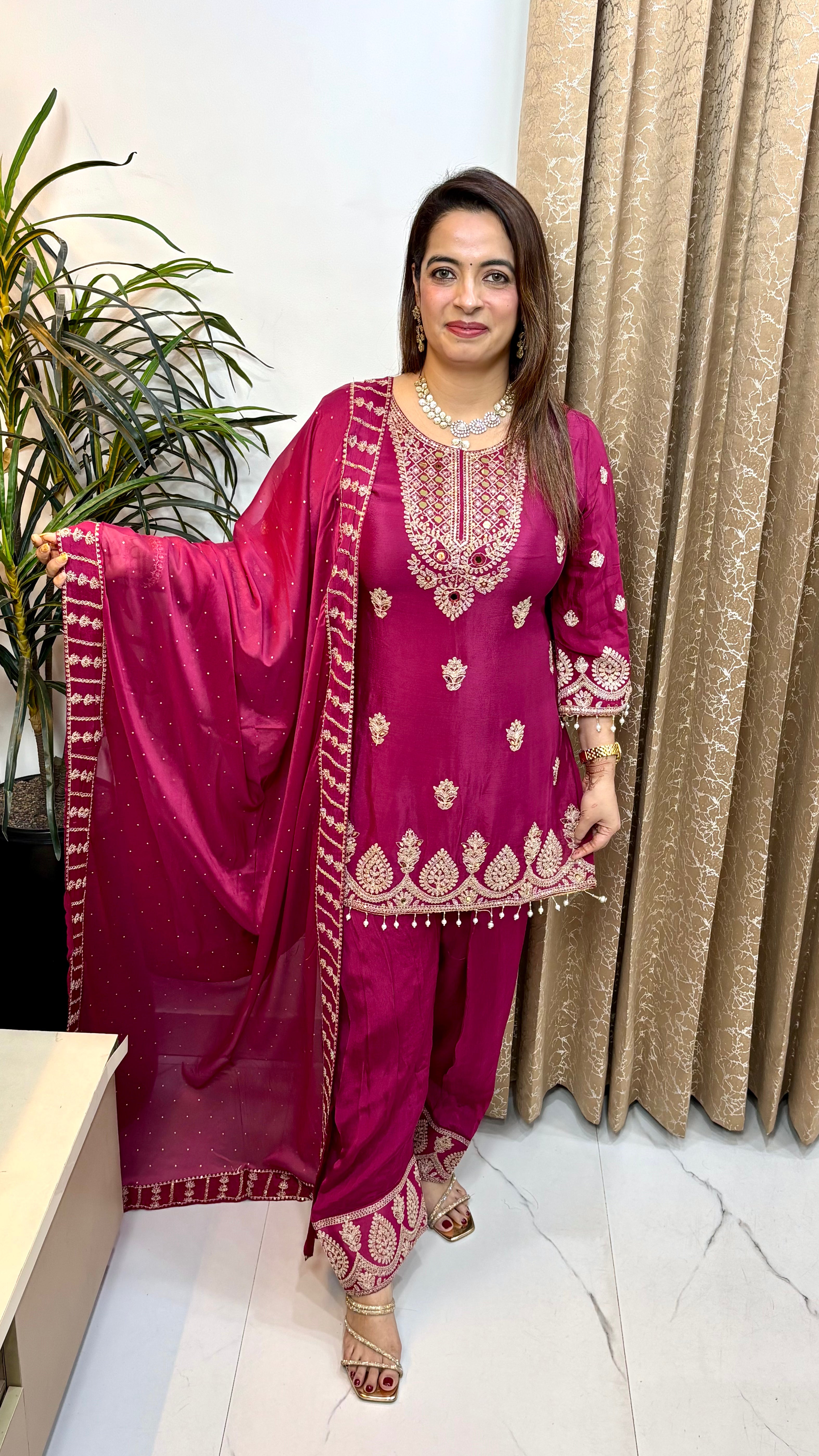 Pure Chinon Suit with Real Mirror Work, Tassels & Viral Embroidered Farshi Salwar