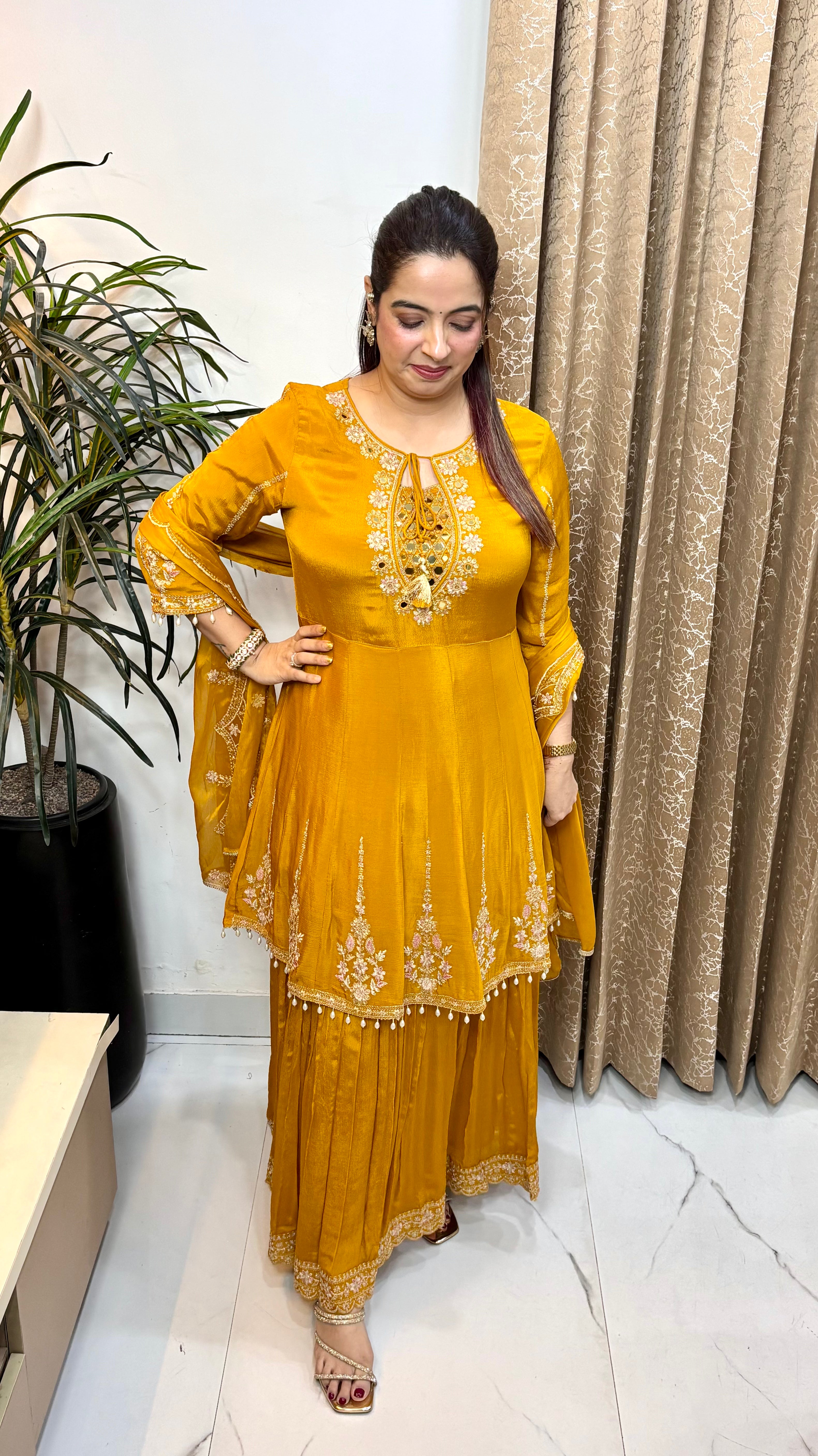 Pure Chinon Short Shirt Suit with Golden Real Mirror, Zardozi Work & Gathered Skirt