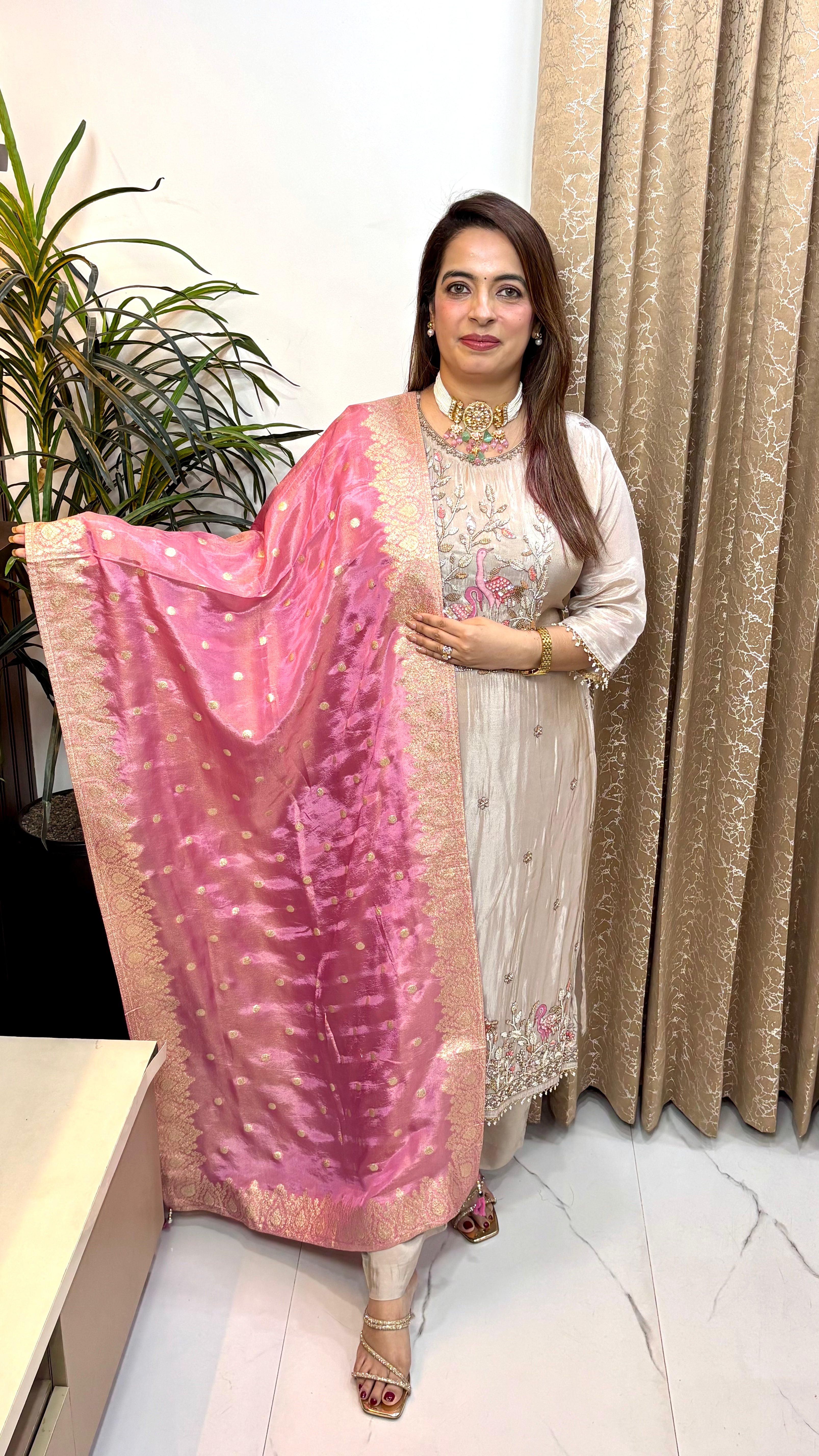 Organza Shimmer Suit with Cutdana, Sequin Work & Banarasi Dupatta