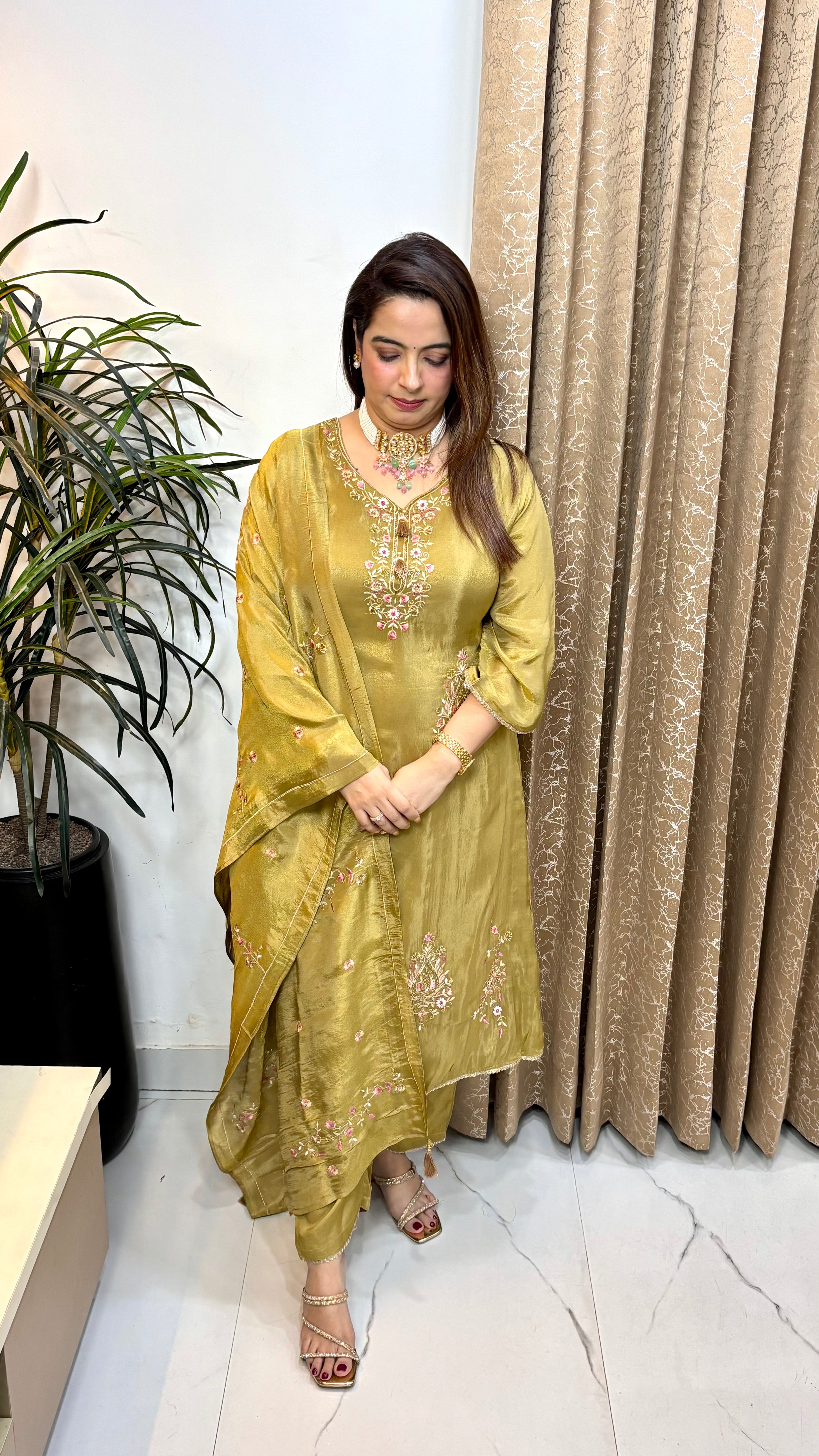 Organza Shimmer Suit with Embroidery Work, Paan Neck