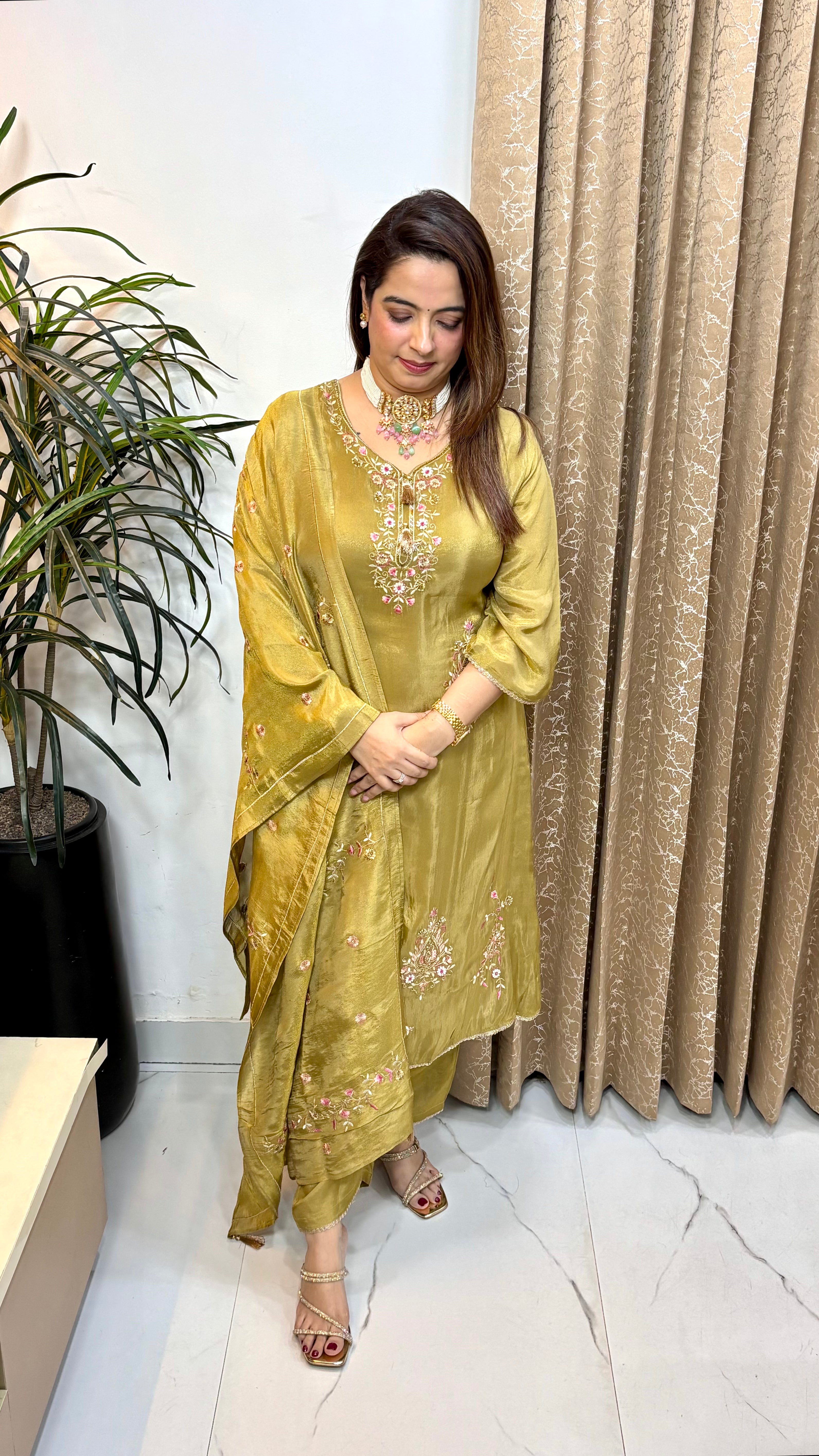 Organza Shimmer Suit with Embroidery Work, Paan Neck