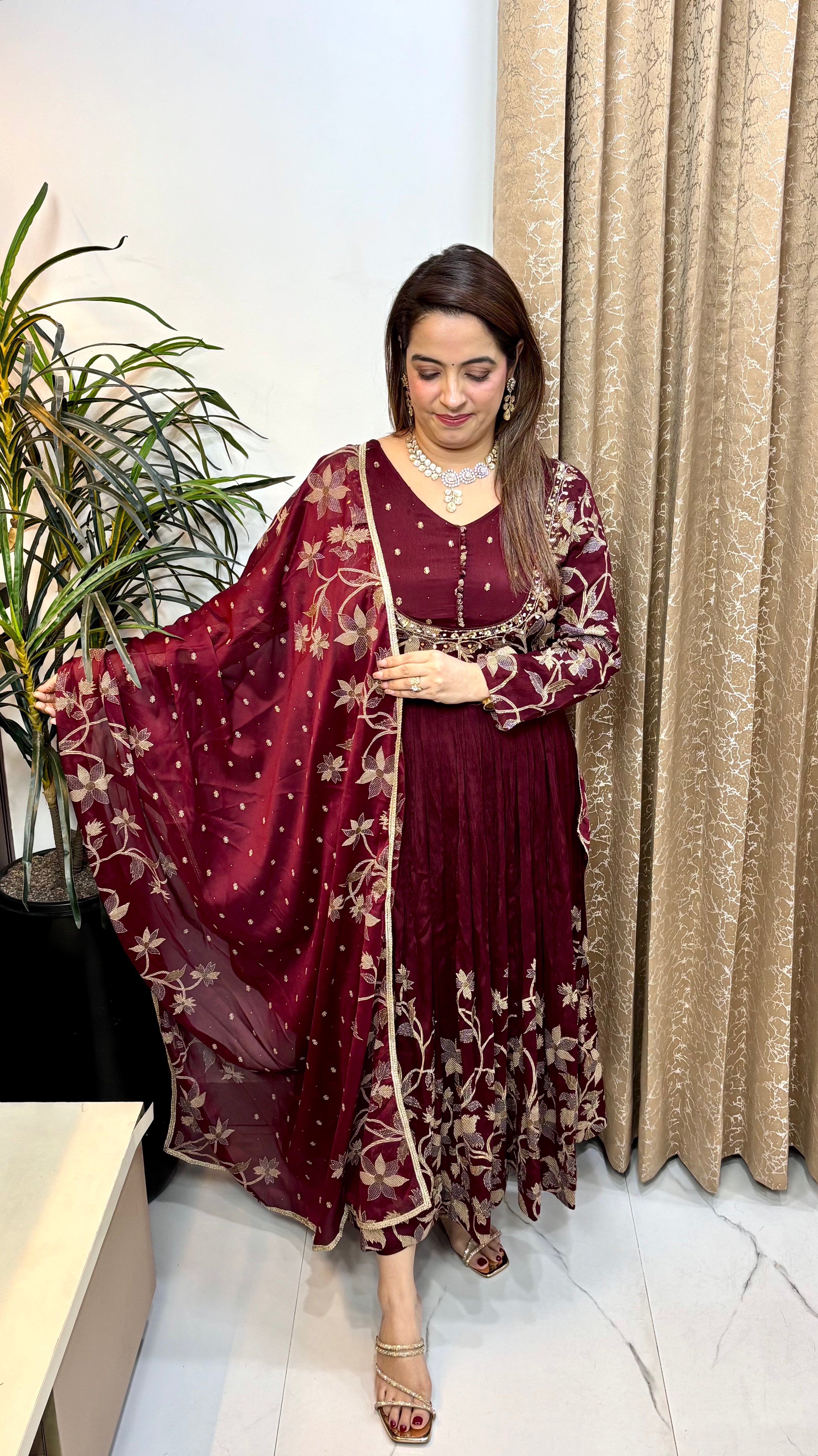 Pure Chinon Anarkali-Look Suit with Real Mirror & Fine Embroidery Work