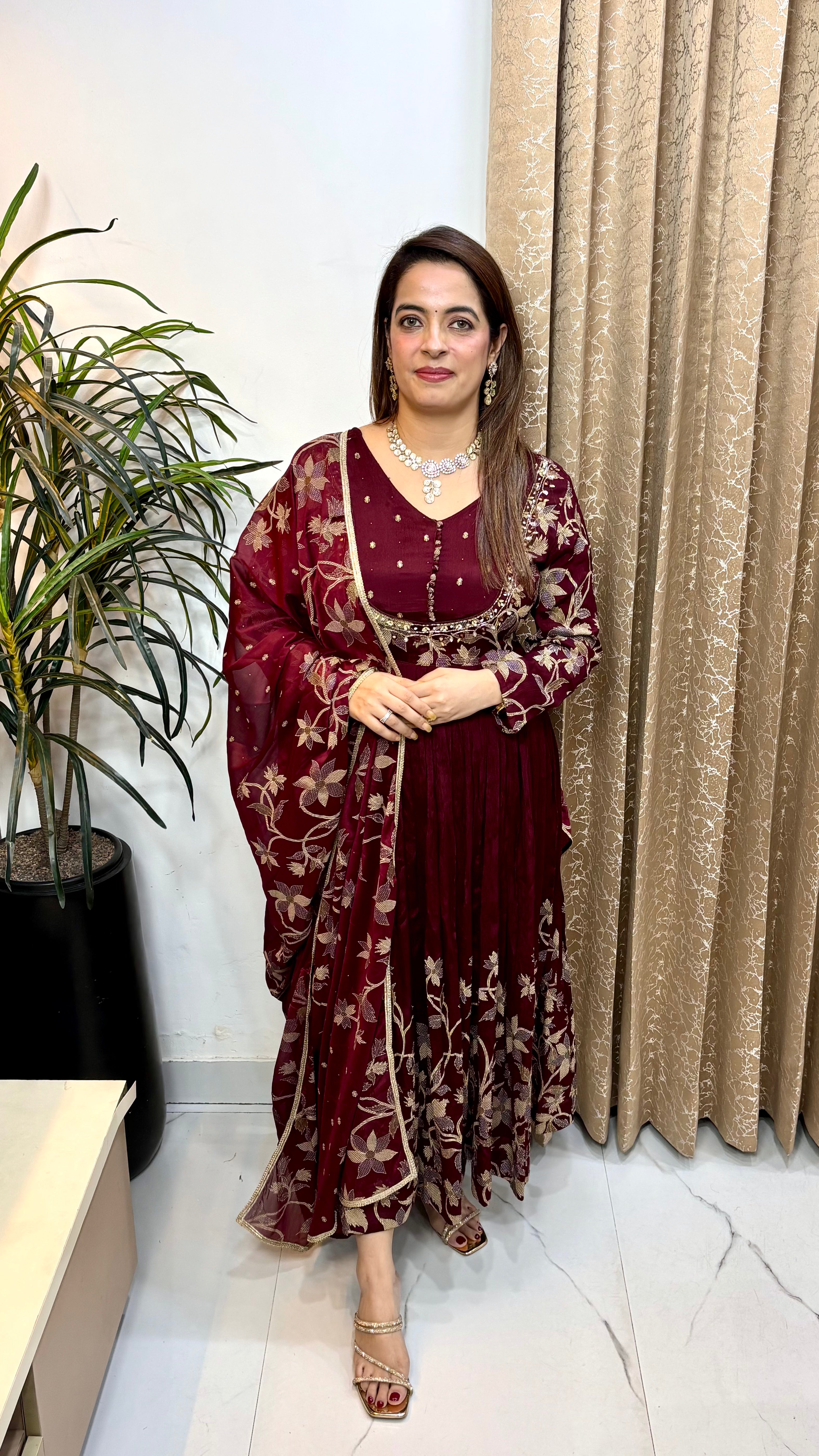 Pure Chinon Anarkali-Look Suit with Real Mirror & Fine Embroidery Work