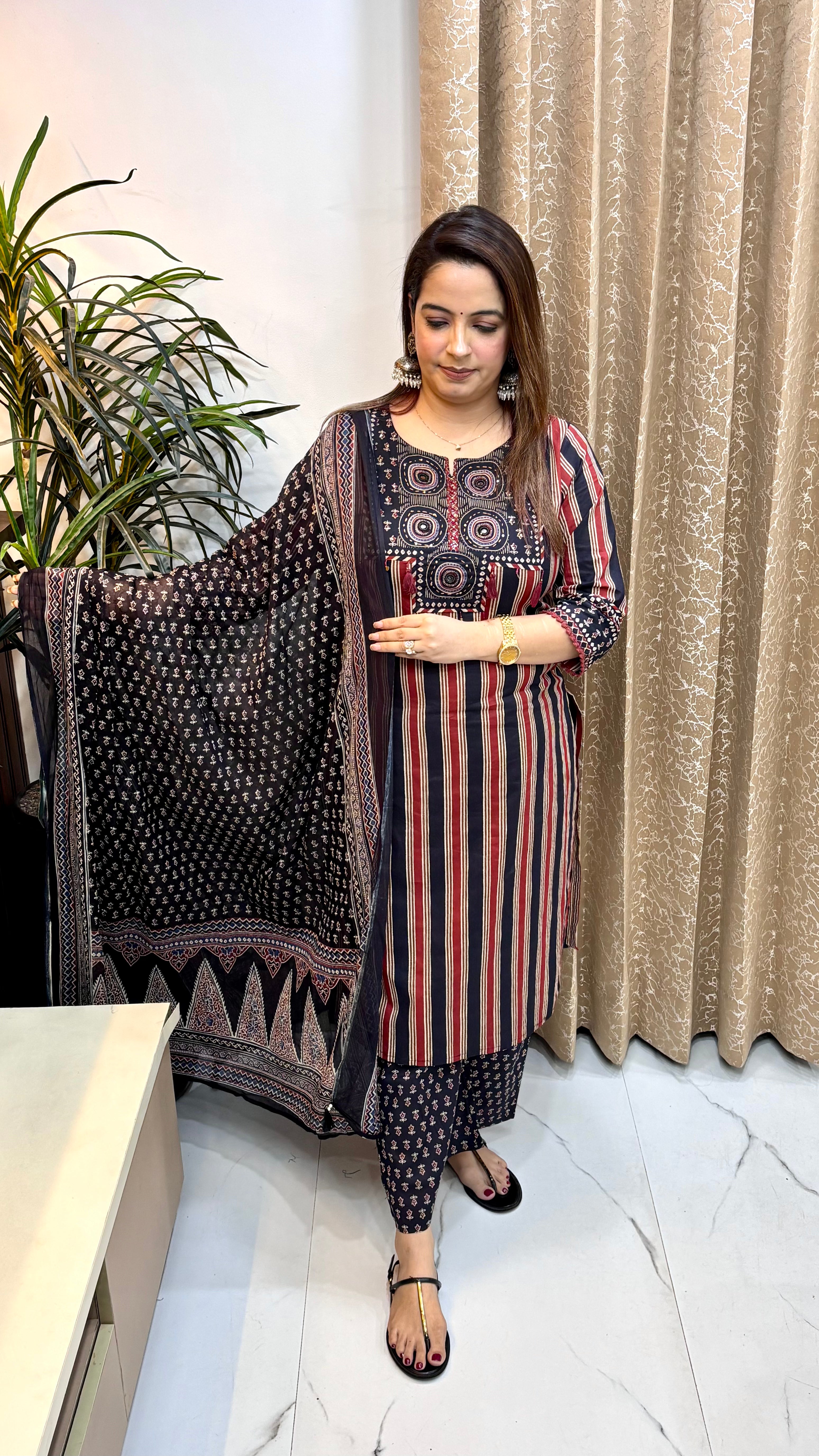 Pure Cotton Ajrakh Printed Suit with Mirror, Kantha, Sequins & Tassel Neckline