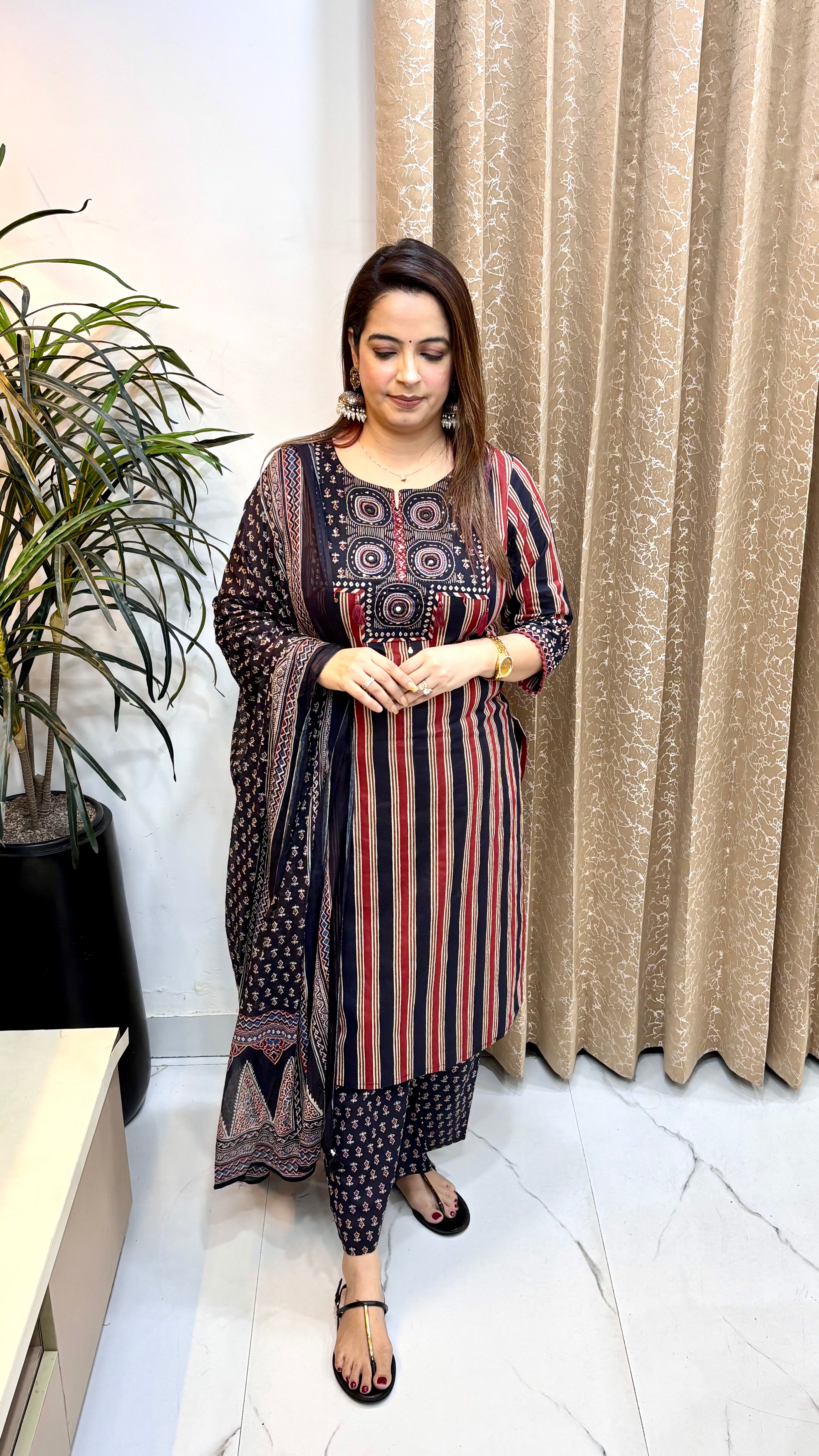 Pure Cotton Ajrakh Printed Suit with Mirror, Kantha, Sequins & Tassel Neckline
