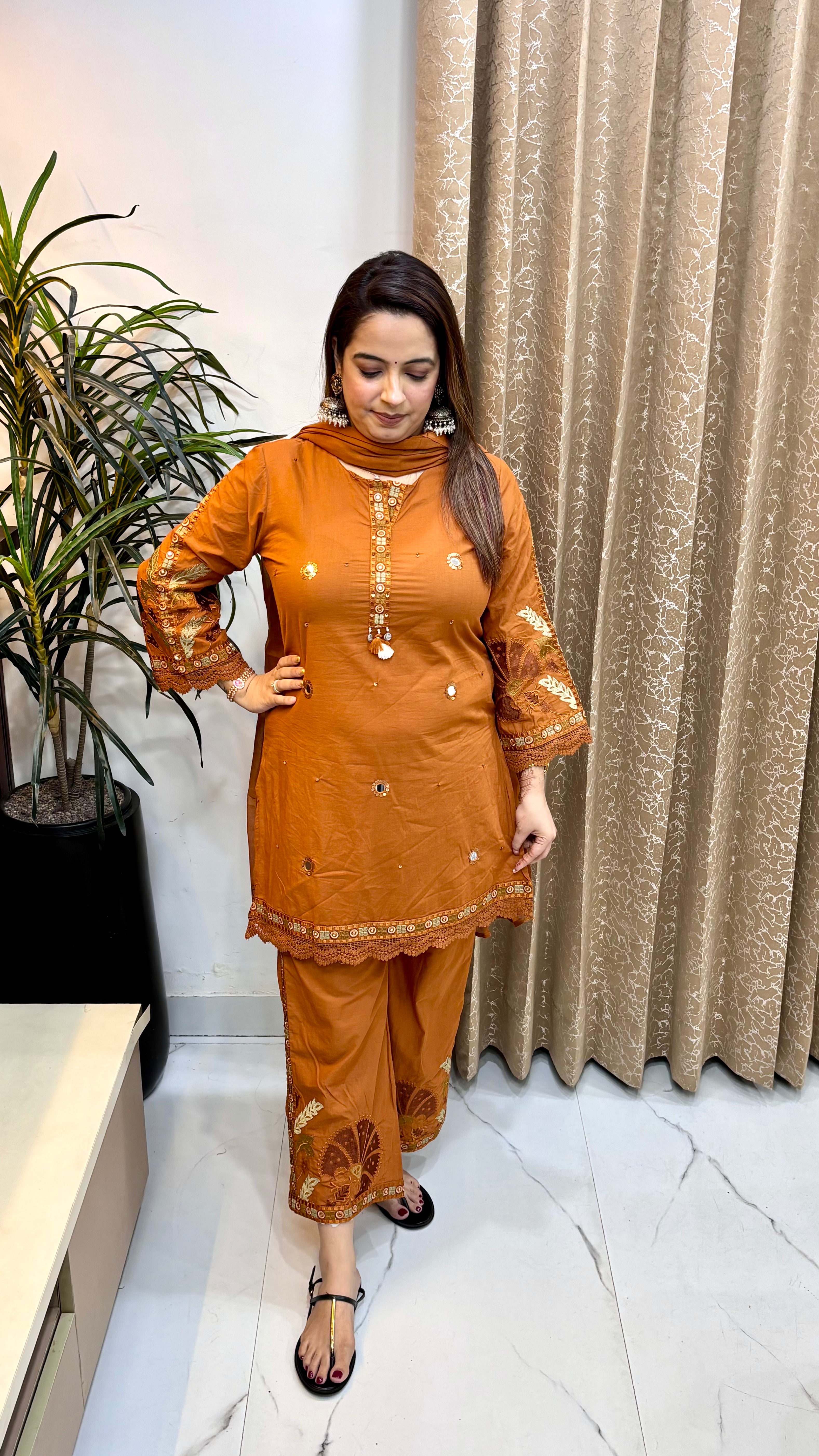 Pure Cotton Short Kurta Suit with Real Mirror Work, Cotton Crochet Lace & Embroidered Divider