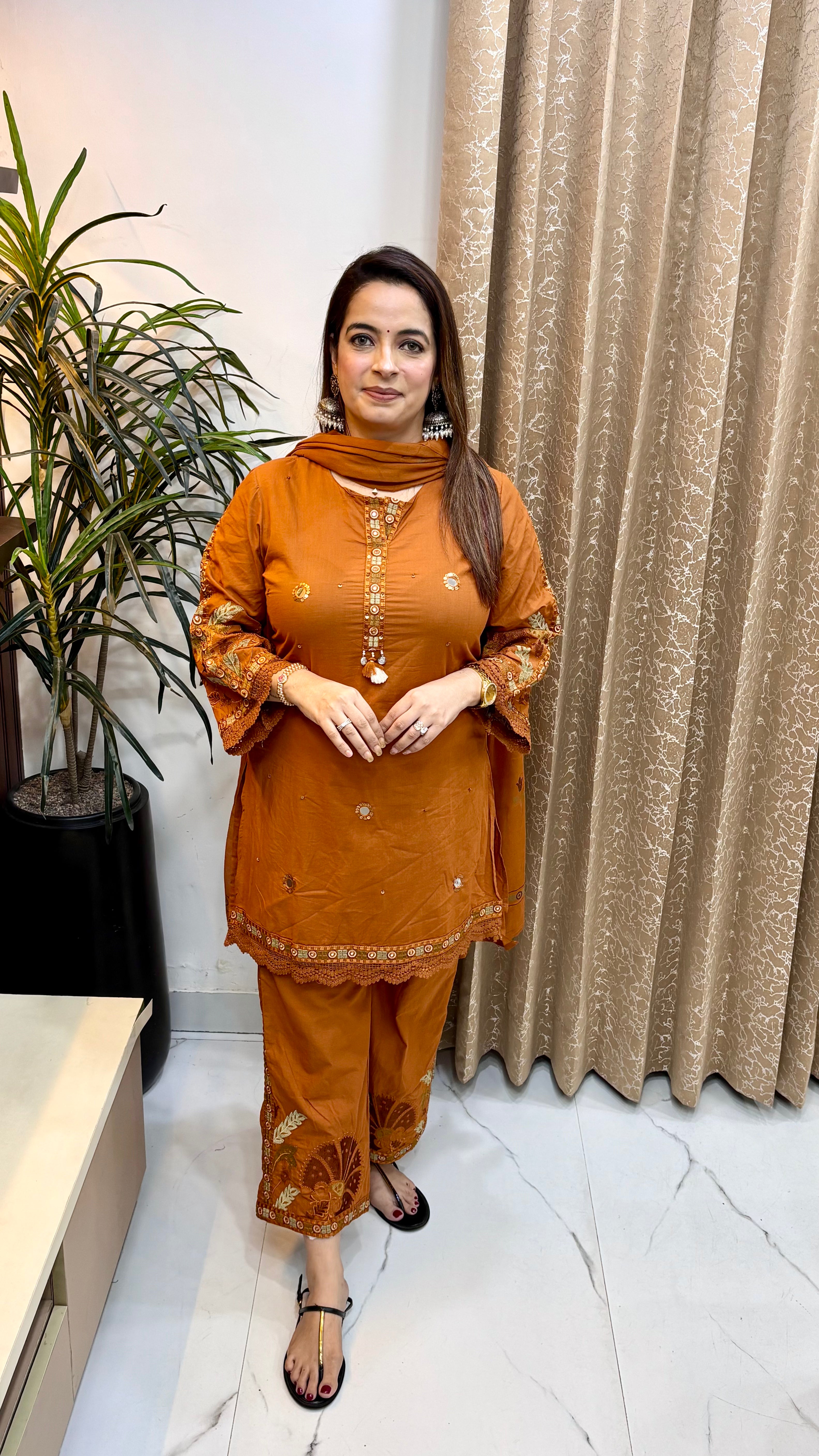 Pure Cotton Short Kurta Suit with Real Mirror Work, Cotton Crochet Lace & Embroidered Divider