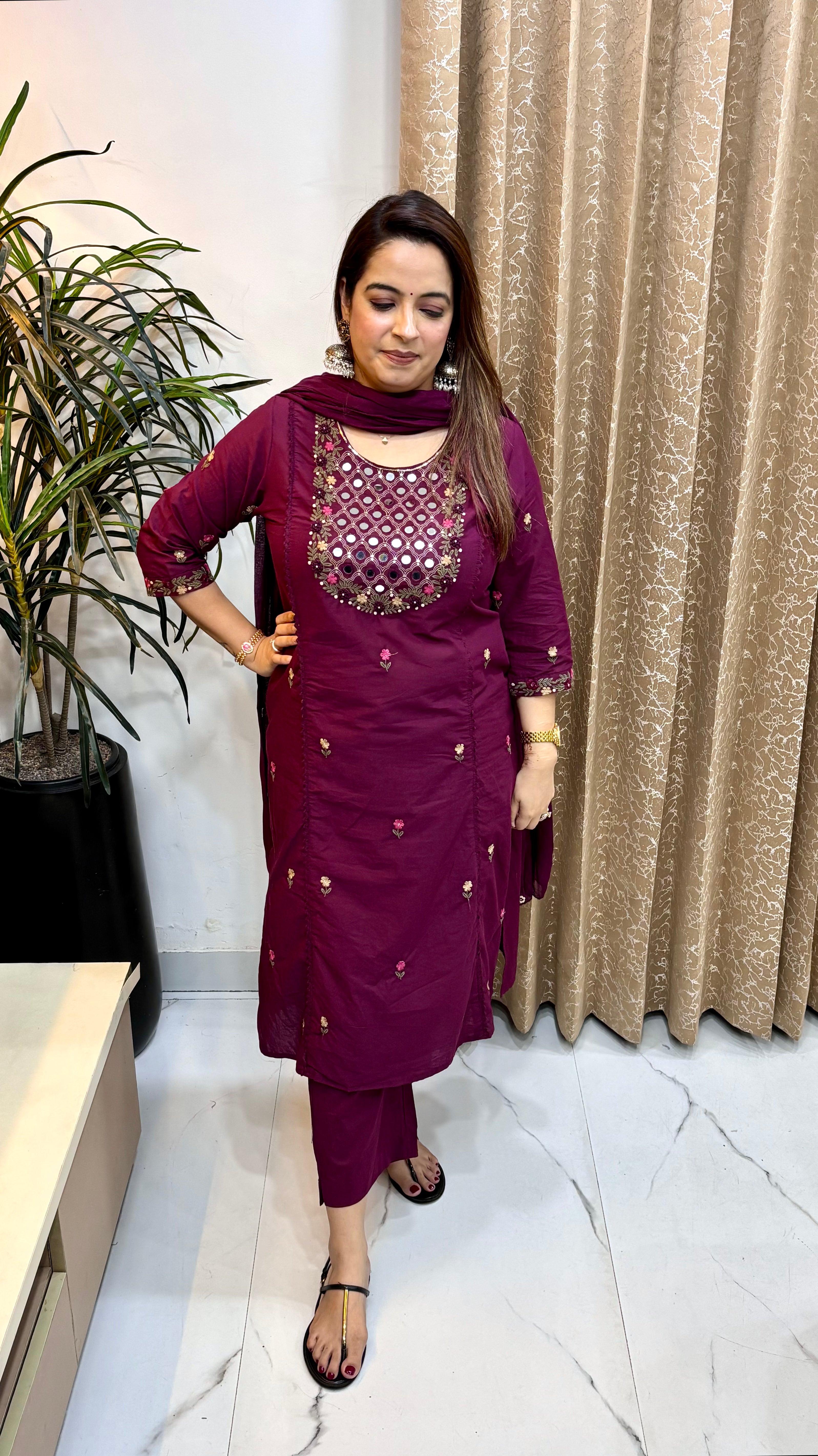 Pure Cotton Kolkata Knot Work Suit with Real Mirror Work, Crochet Lace & Mulmul Dupatta