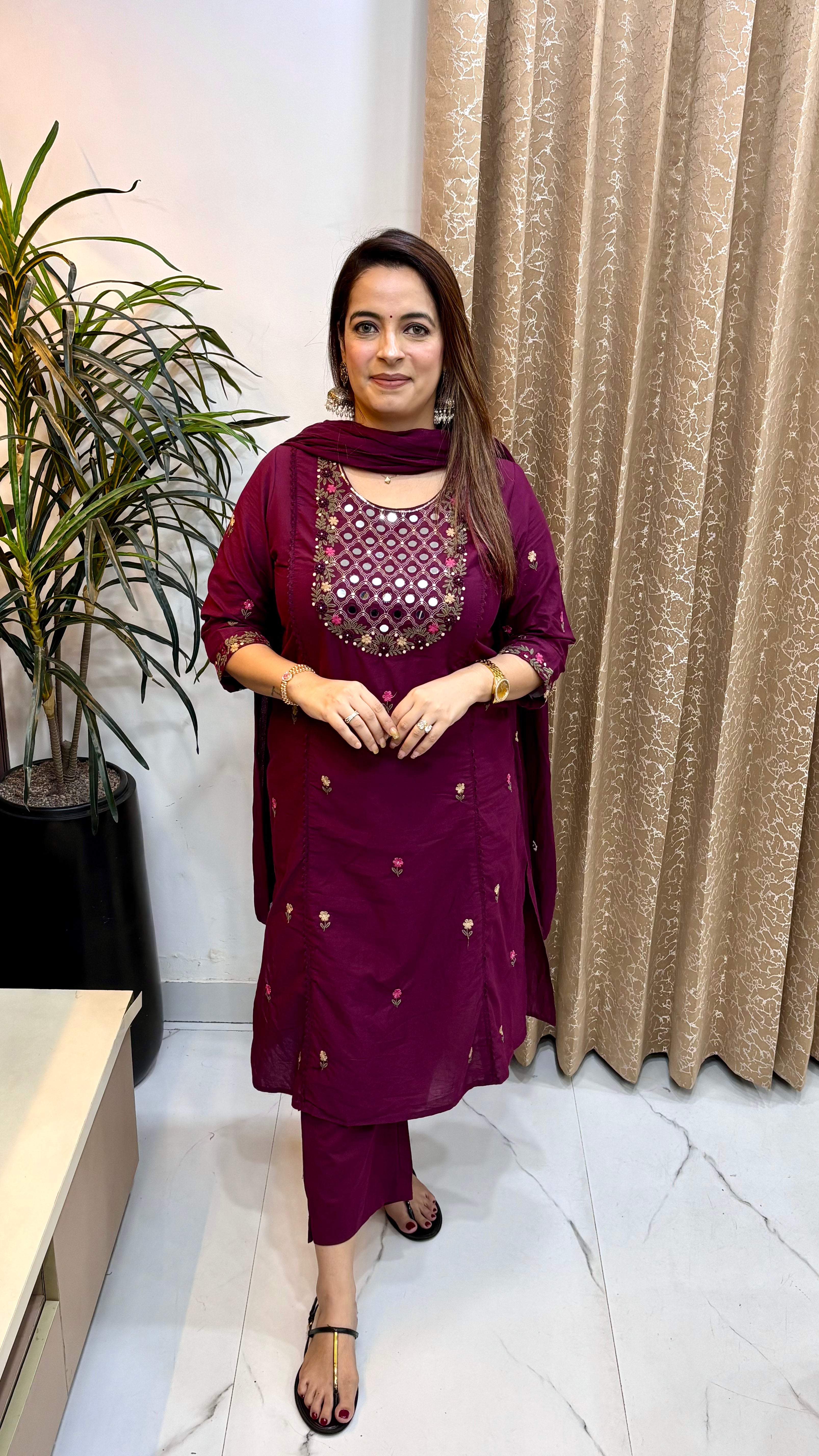 Pure Cotton Kolkata Knot Work Suit with Real Mirror Work, Crochet Lace & Mulmul Dupatta