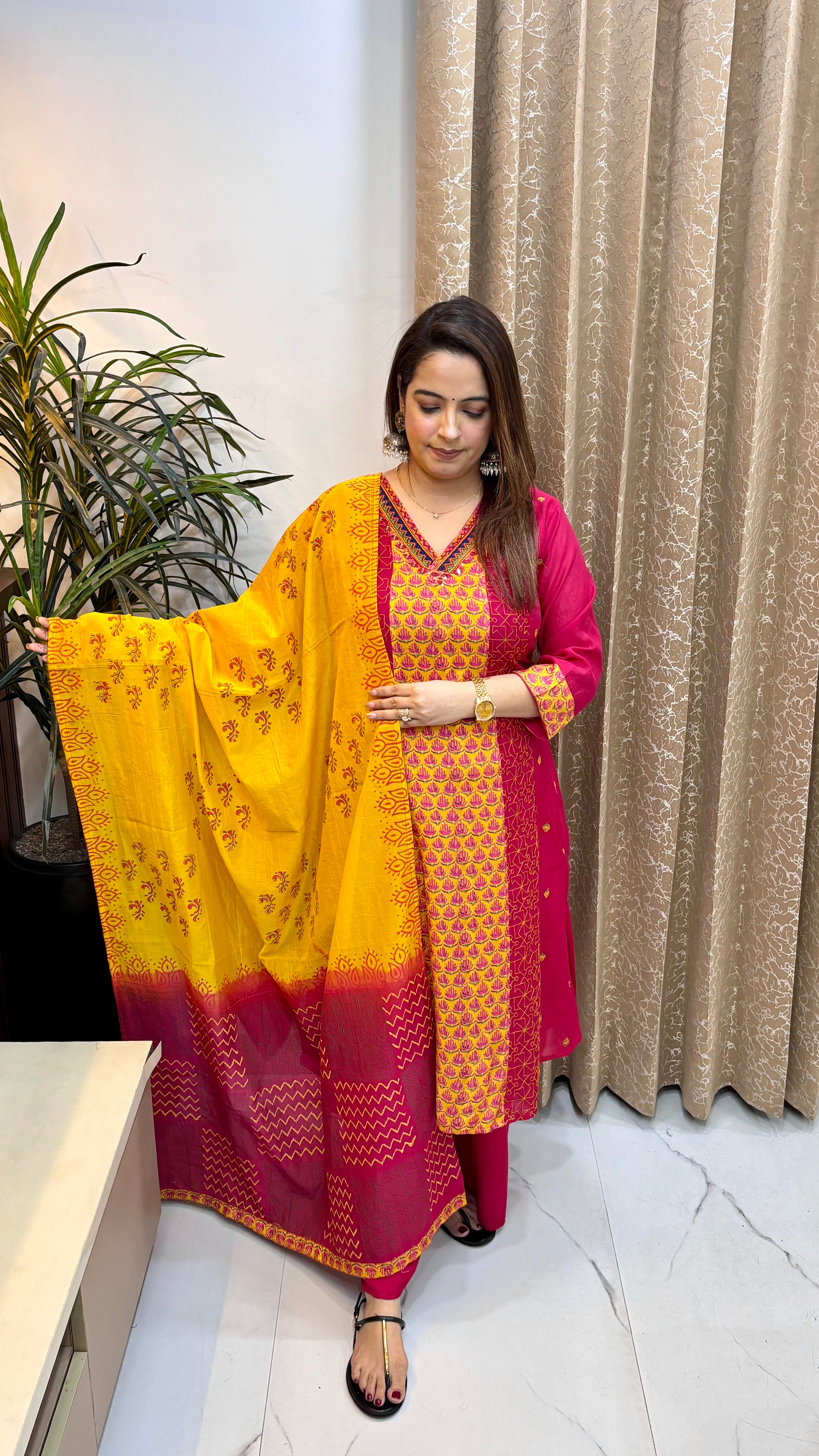 Mul Chanderi Suit with Phulkari & Kantha Work, Digital Print Panel & Dual-Shade Block Printed Dupatta