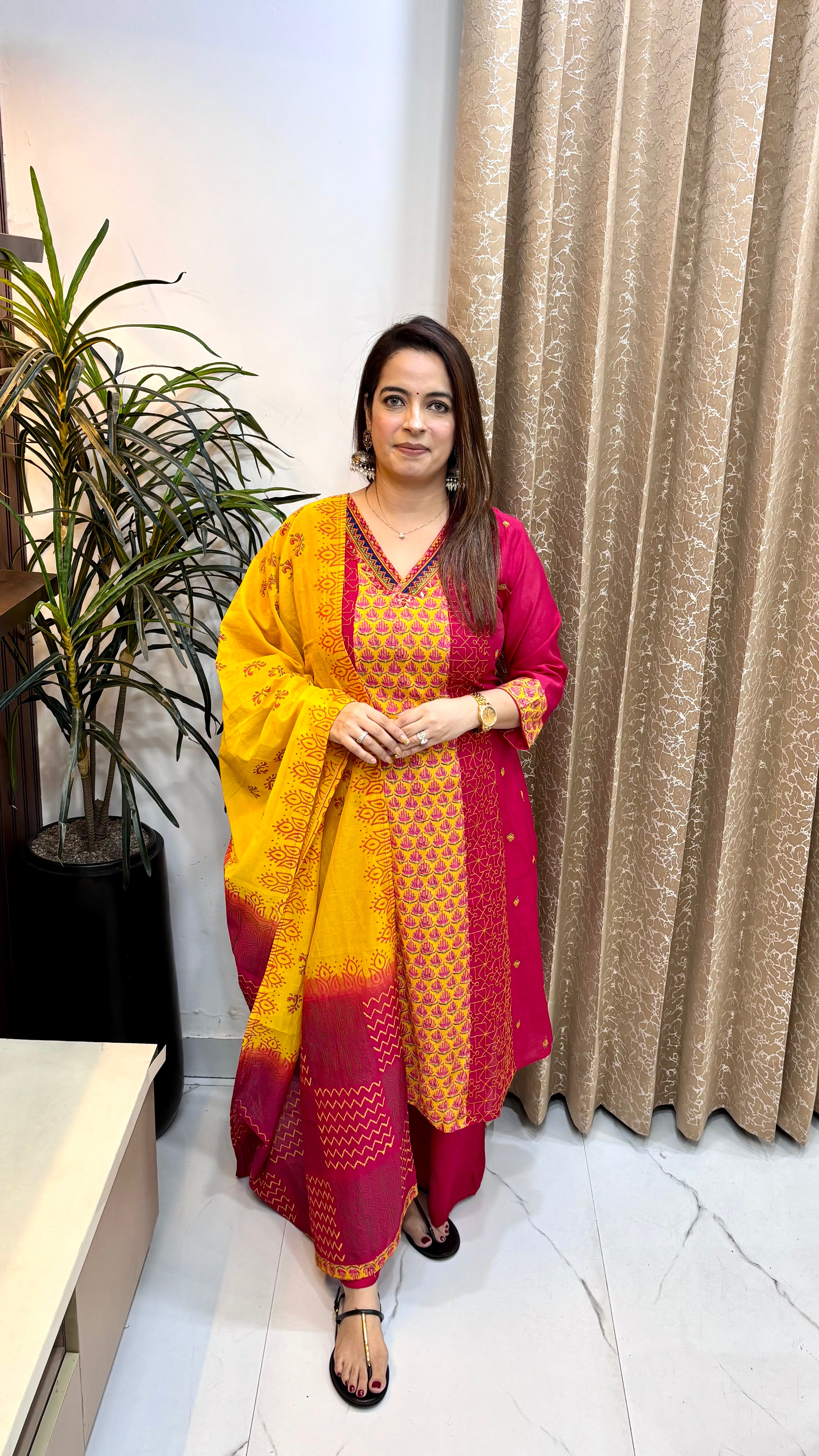 Mul Chanderi Suit with Phulkari & Kantha Work, Digital Print Panel & Dual-Shade Block Printed Dupatta