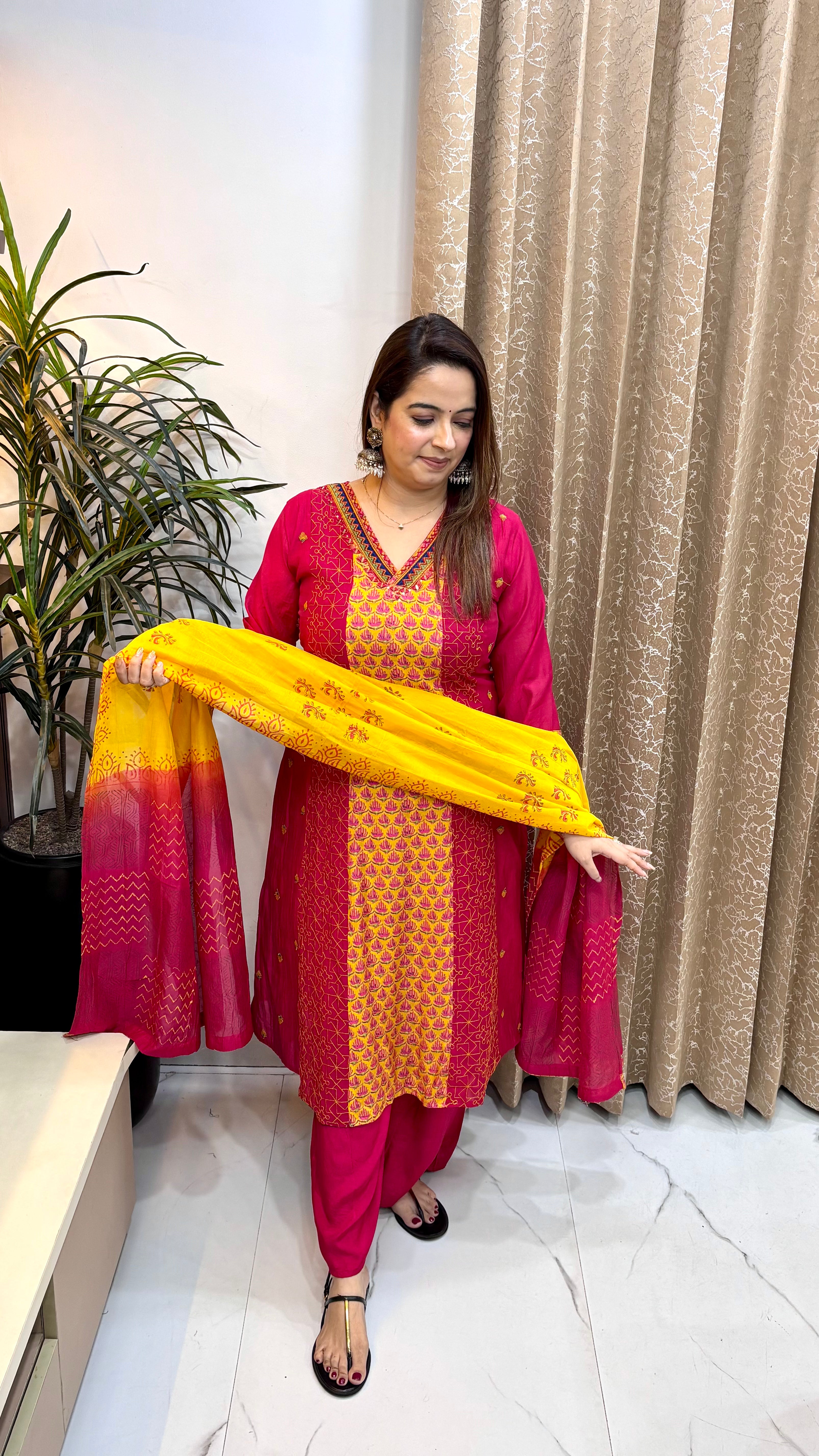 Mul Chanderi Suit with Phulkari & Kantha Work, Digital Print Panel & Dual-Shade Block Printed Dupatta