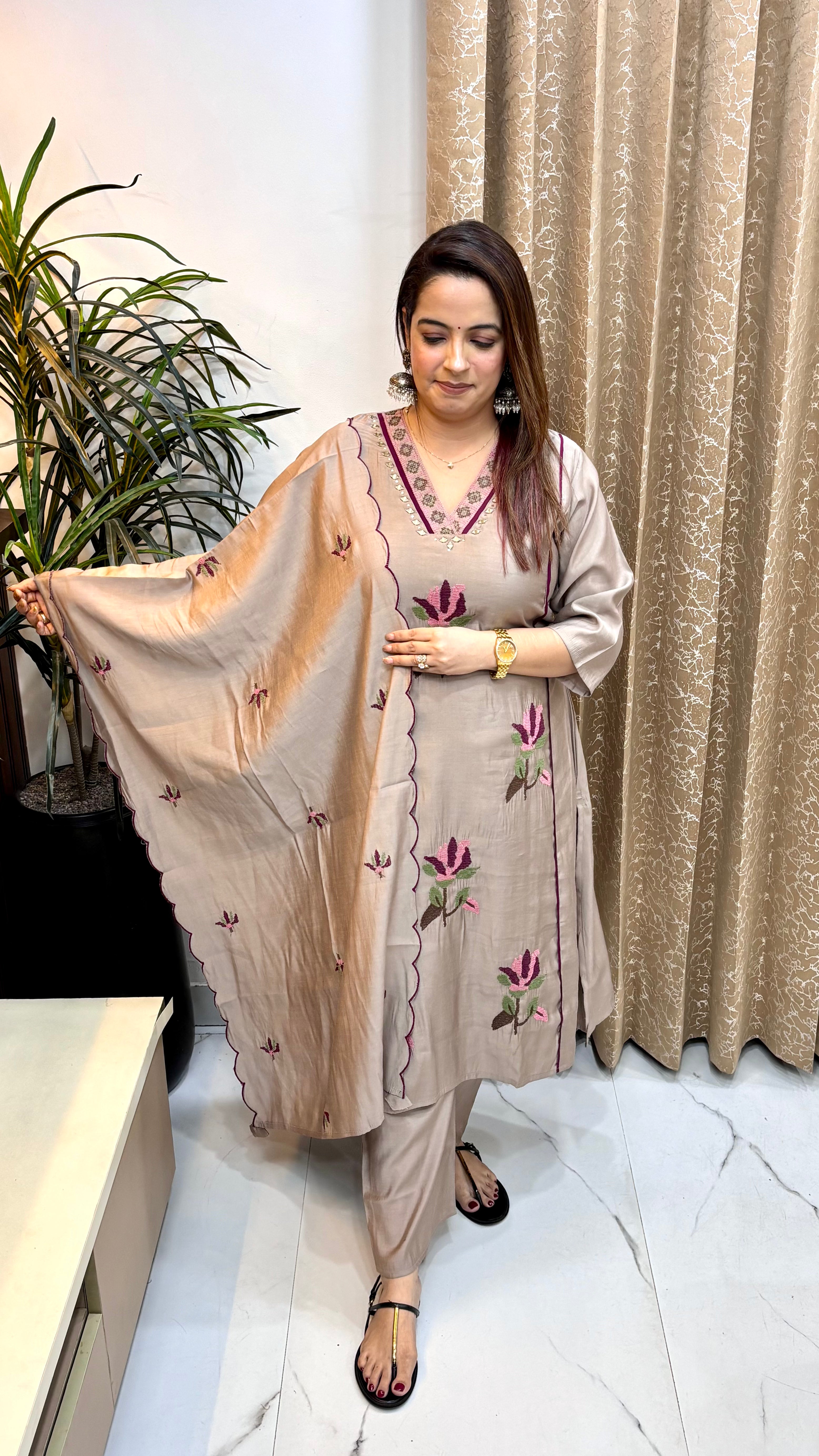 Mul Chanderi Suit with Floral Cross-Stitch & Cutwork Dupatta