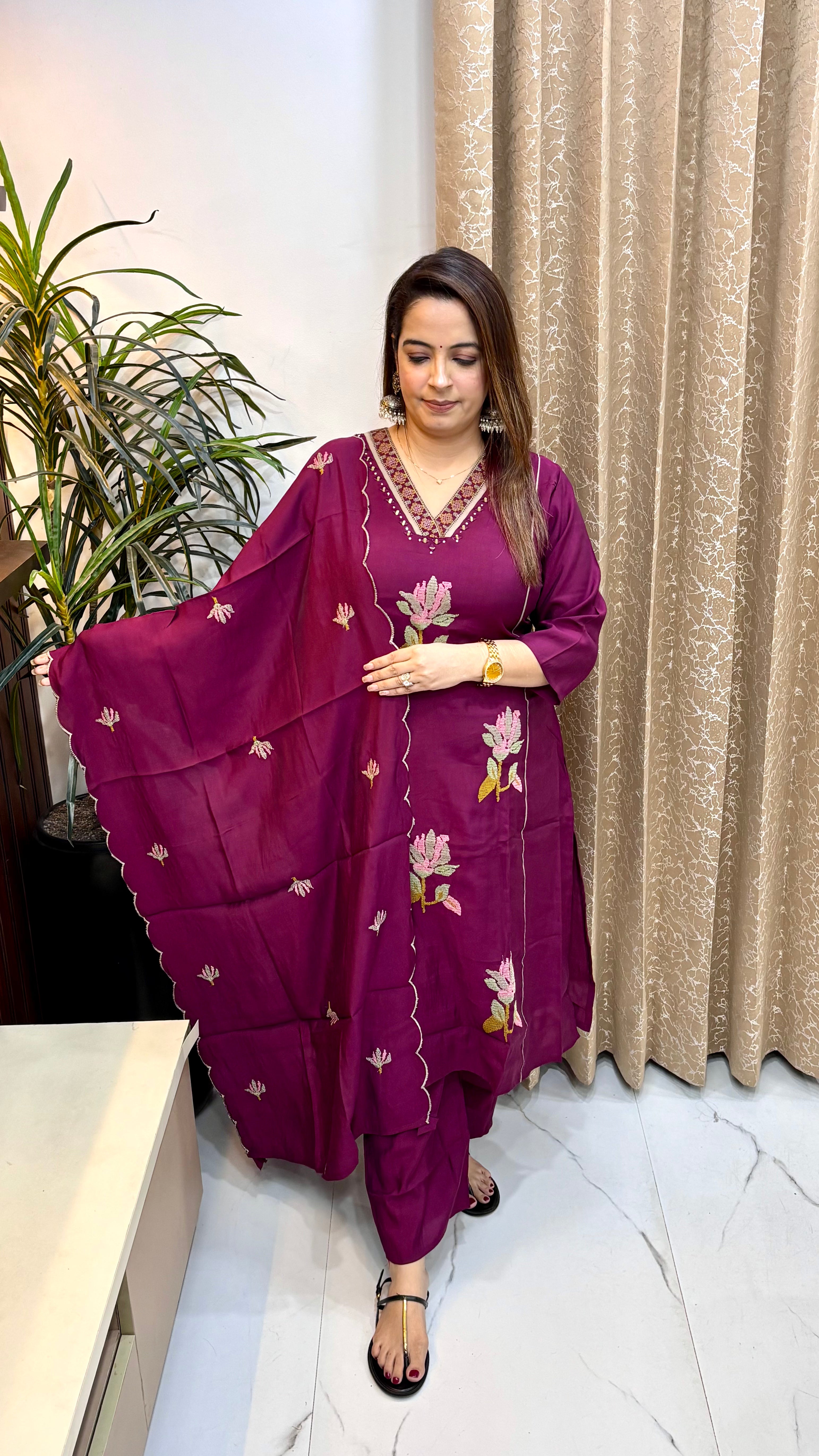 Mul Chanderi Suit with Floral Cross-Stitch & Cutwork Dupatta