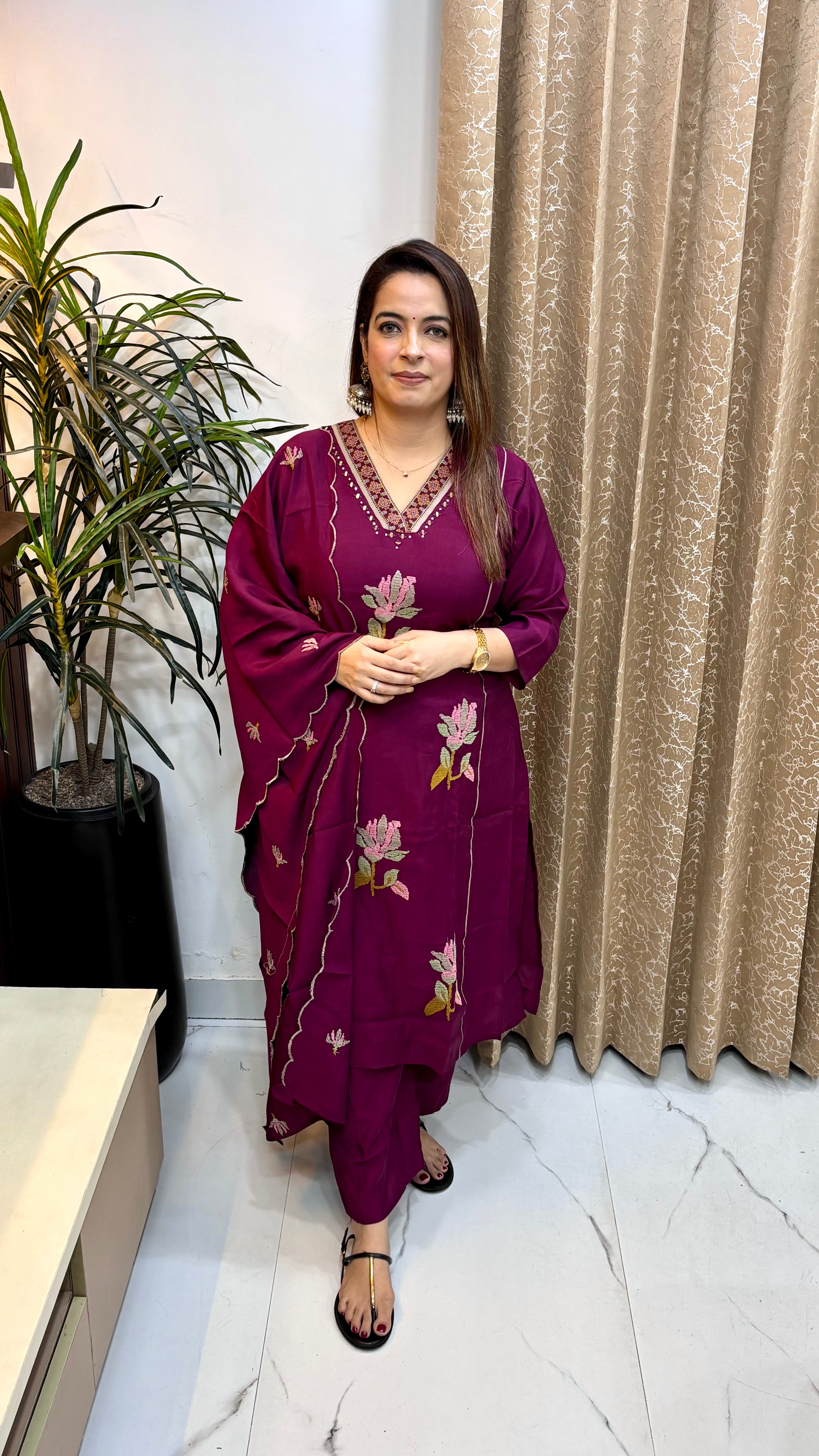 Mul Chanderi Suit with Floral Cross-Stitch & Cutwork Dupatta