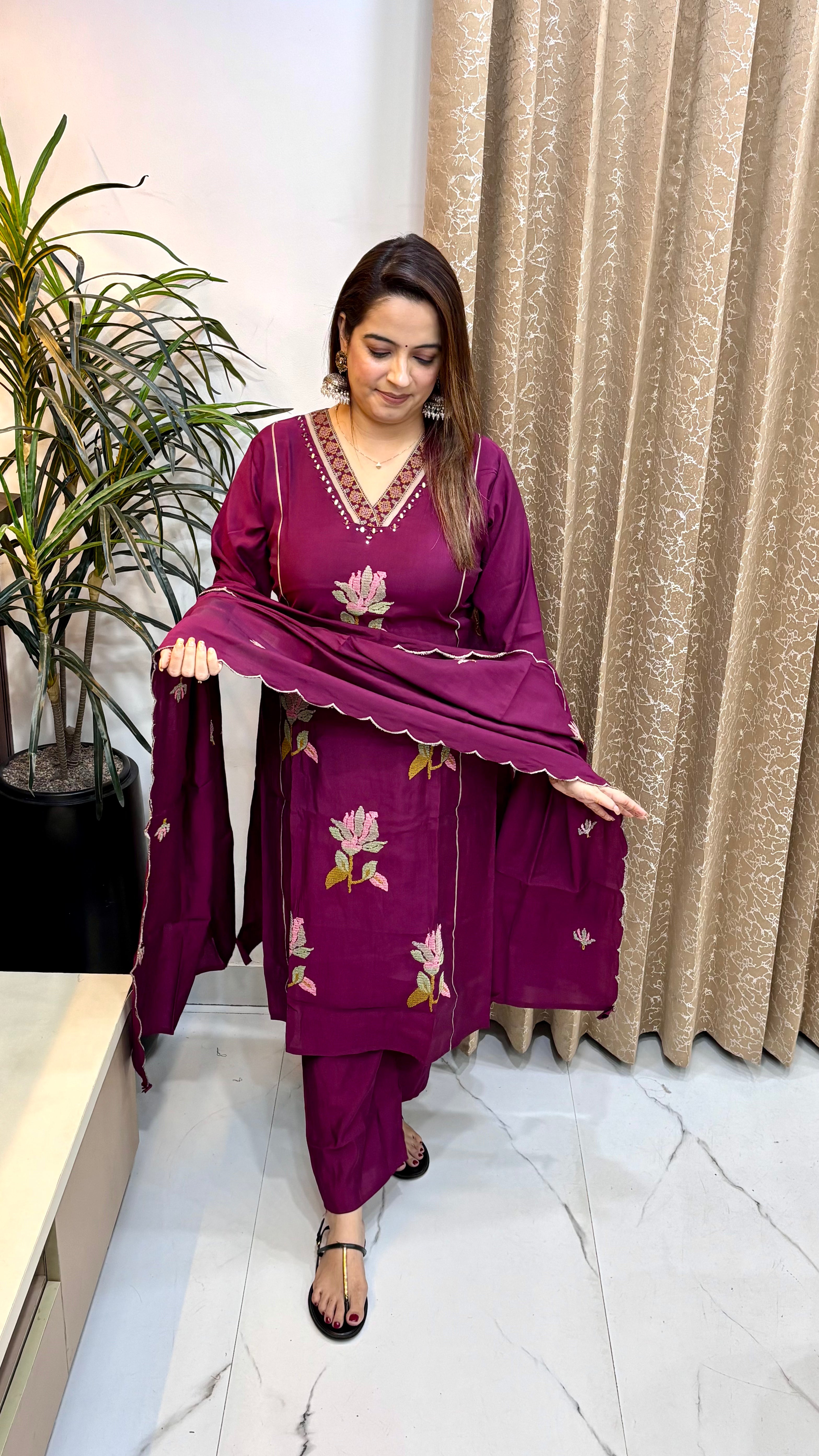 Mul Chanderi Suit with Floral Cross-Stitch & Cutwork Dupatta