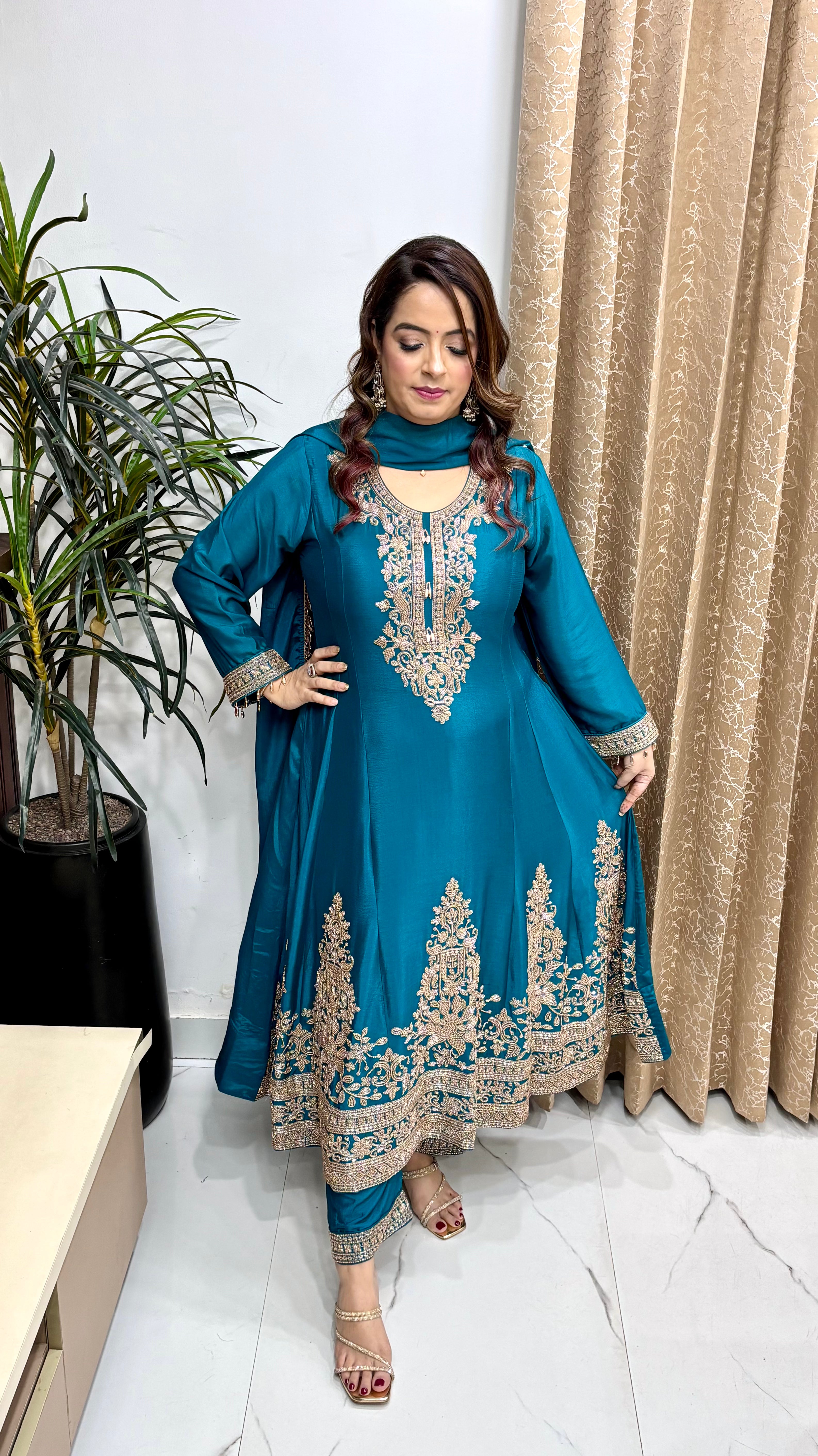 Exclusive Pure Chinon Anarkali Suit with Cutdana Work, Circle-Embroidered Bottoms & Handmade Hangings