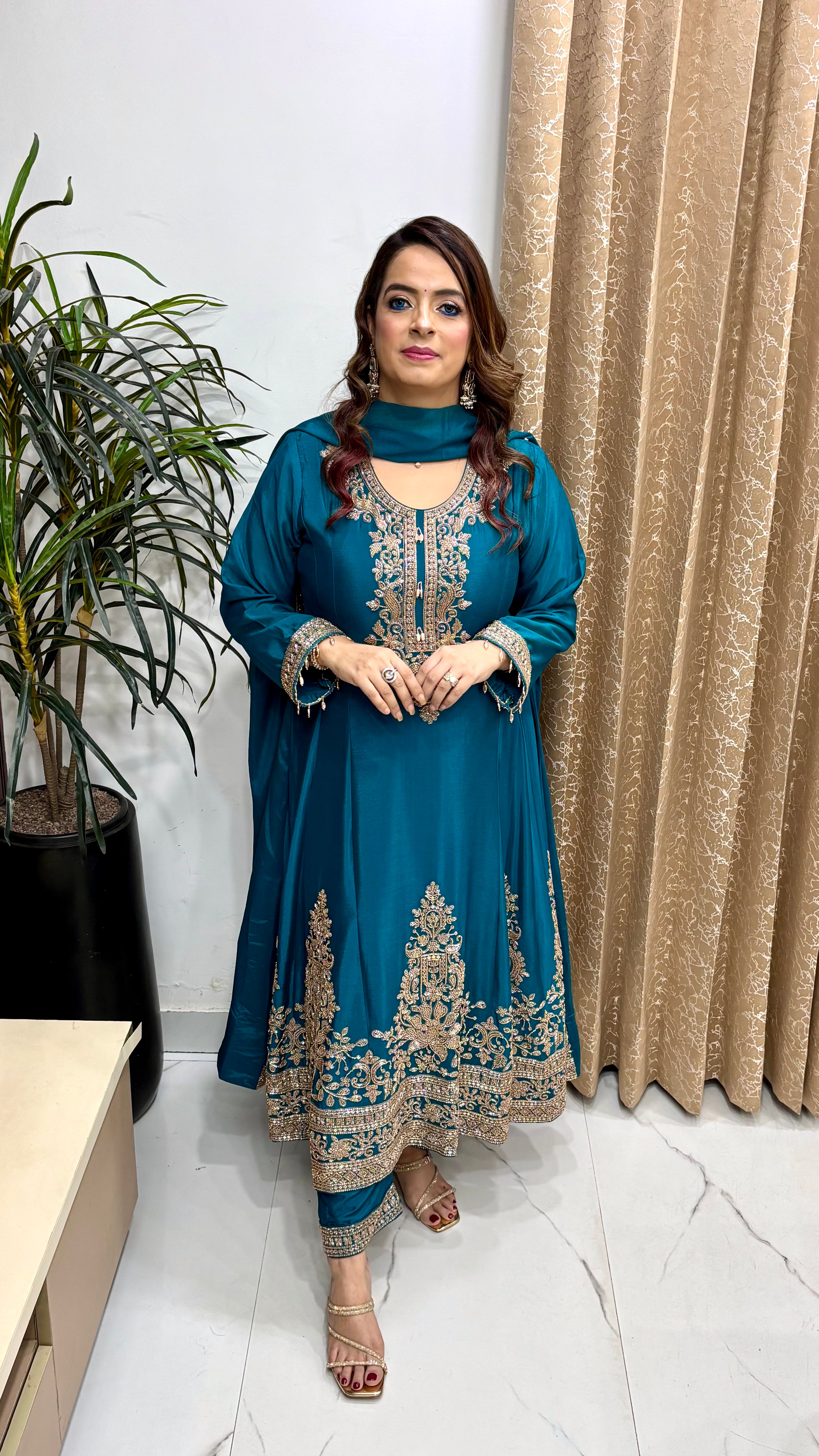 Exclusive Pure Chinon Anarkali Suit with Cutdana Work, Circle-Embroidered Bottoms & Handmade Hangings