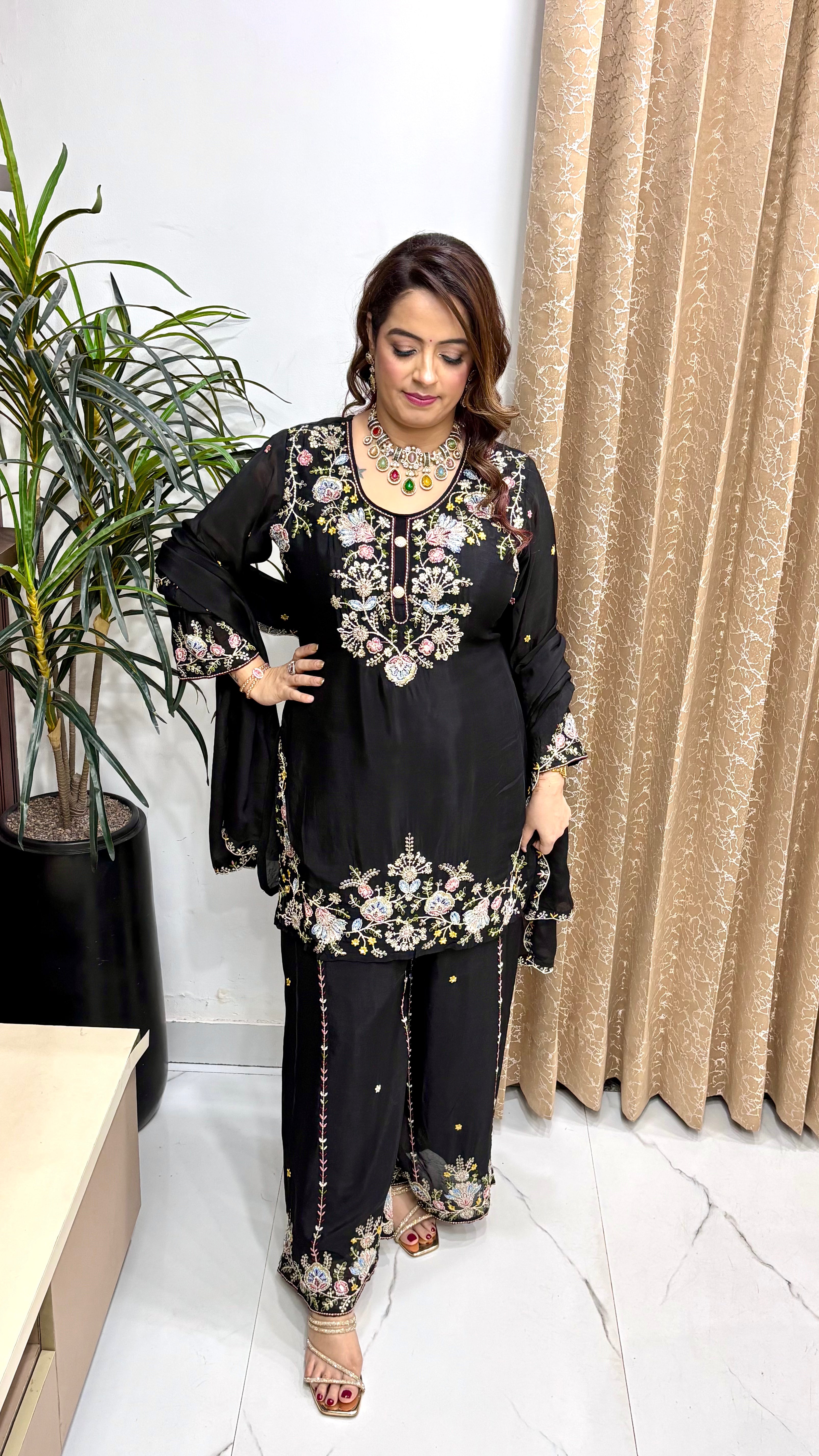 Pure Chinon Suit with Round Neck, Embroidered Divider & Cutwork Dupatta