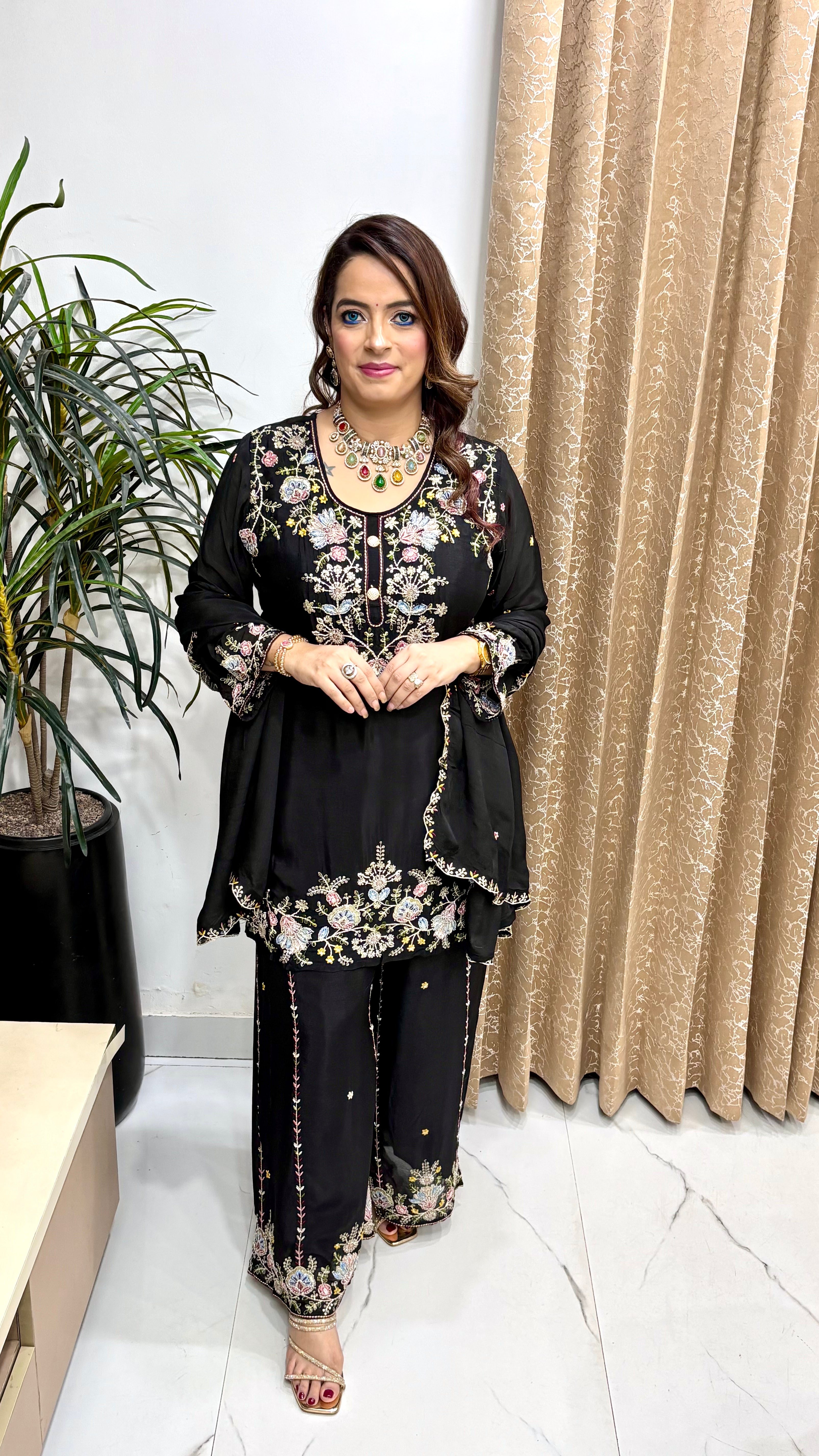 Pure Chinon Suit with Round Neck, Embroidered Divider & Cutwork Dupatta