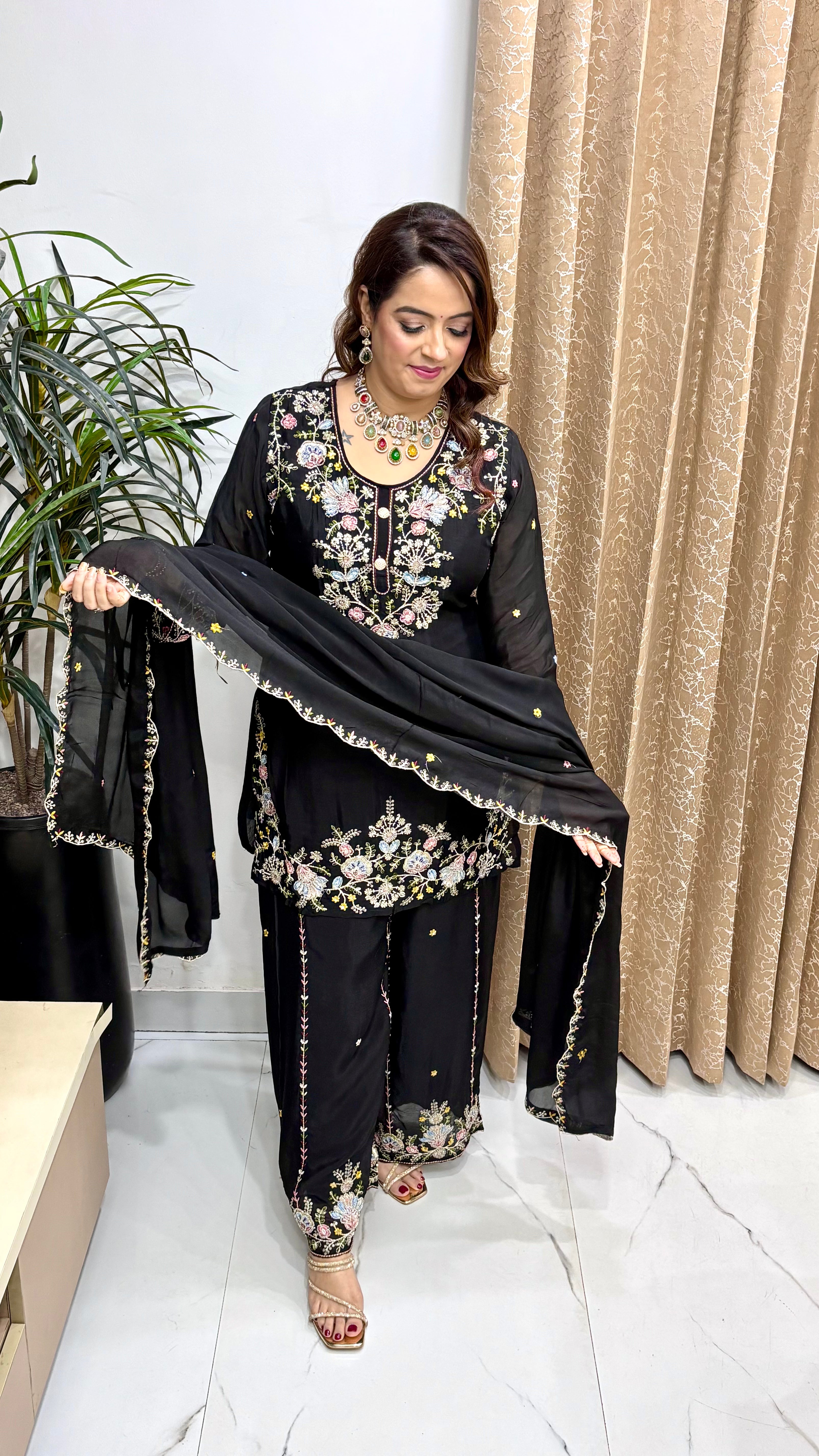 Pure Chinon Suit with Round Neck, Embroidered Divider & Cutwork Dupatta