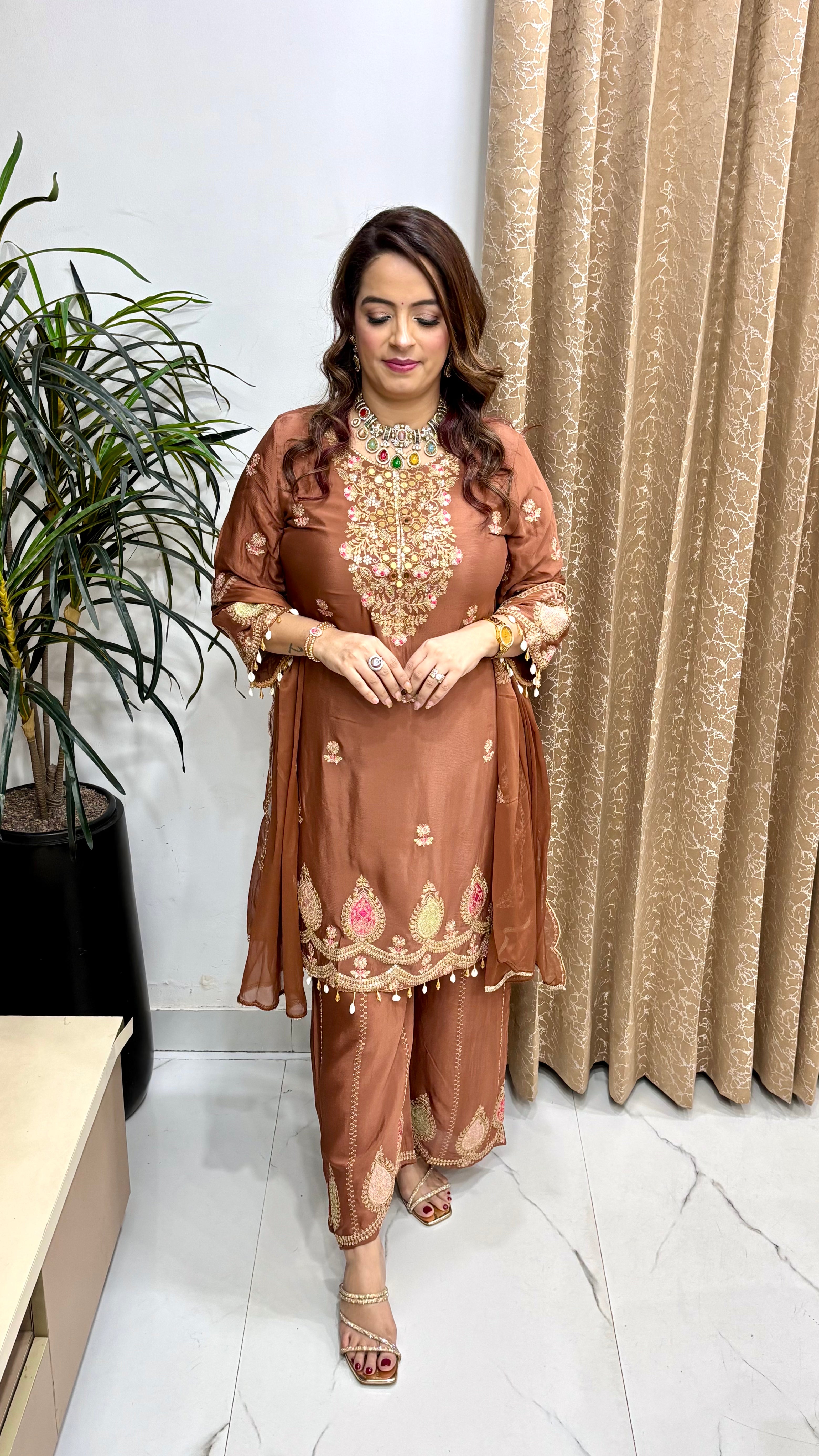 Pure Chinon Suit with Zardozi, Real Mirror Work & Cutwork Dupatta