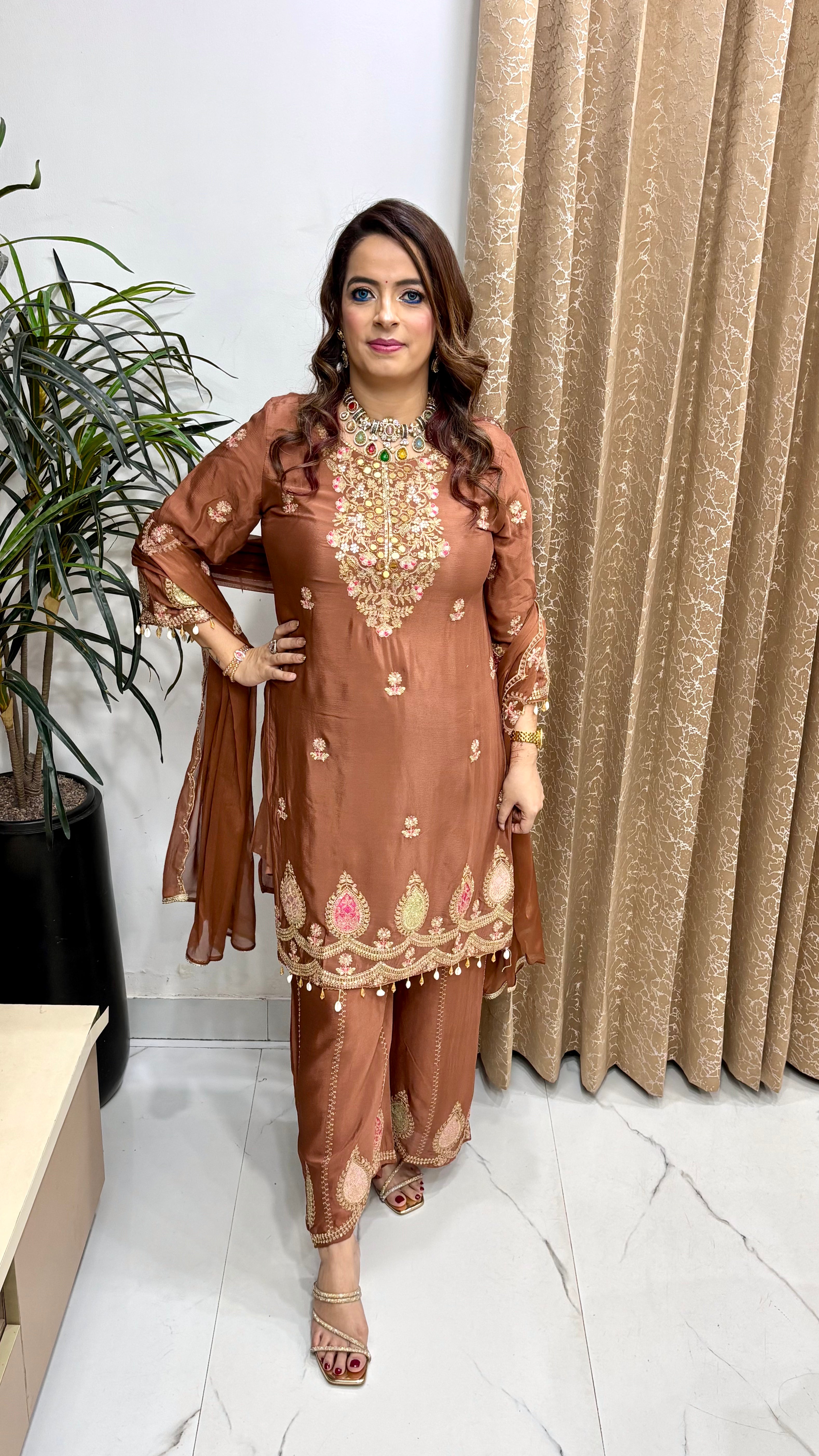 Pure Chinon Suit with Zardozi, Real Mirror Work & Cutwork Dupatta