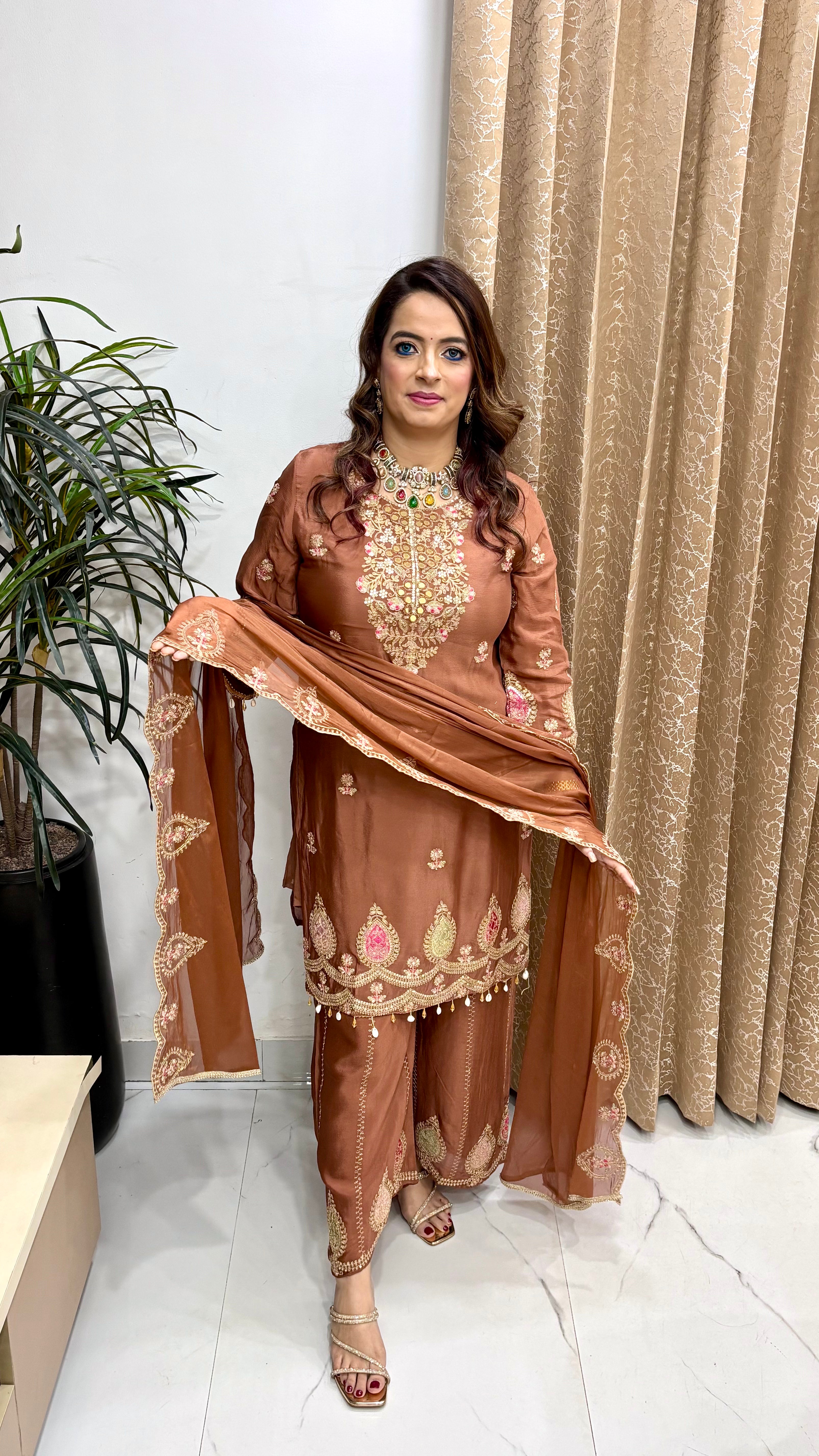 Pure Chinon Suit with Zardozi, Real Mirror Work & Cutwork Dupatta