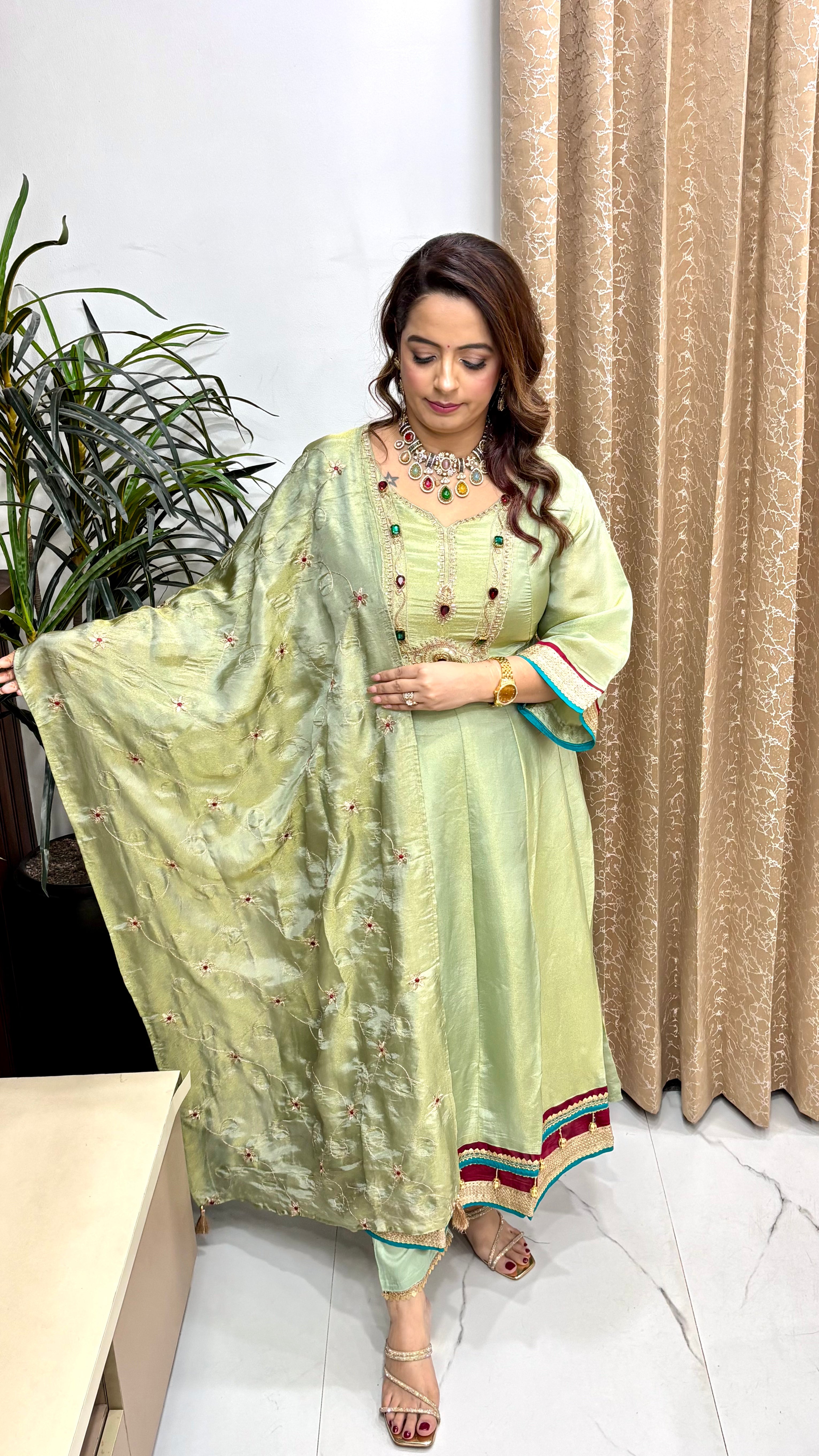 Organza Shimmer Anarkali Suit with Korean Crystal Work & Dual-Shade Tone