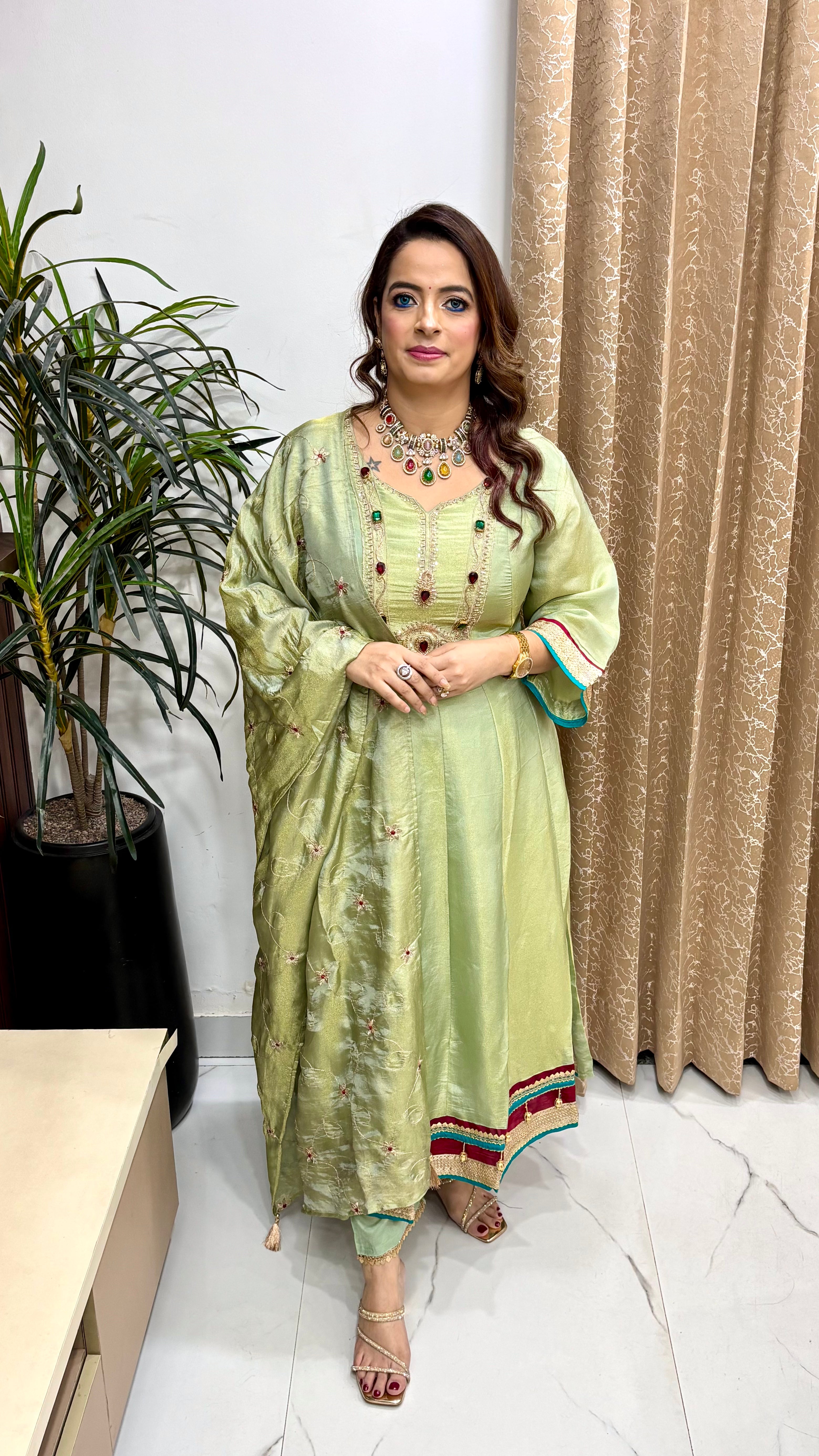 Organza Shimmer Anarkali Suit with Korean Crystal Work & Dual-Shade Tone