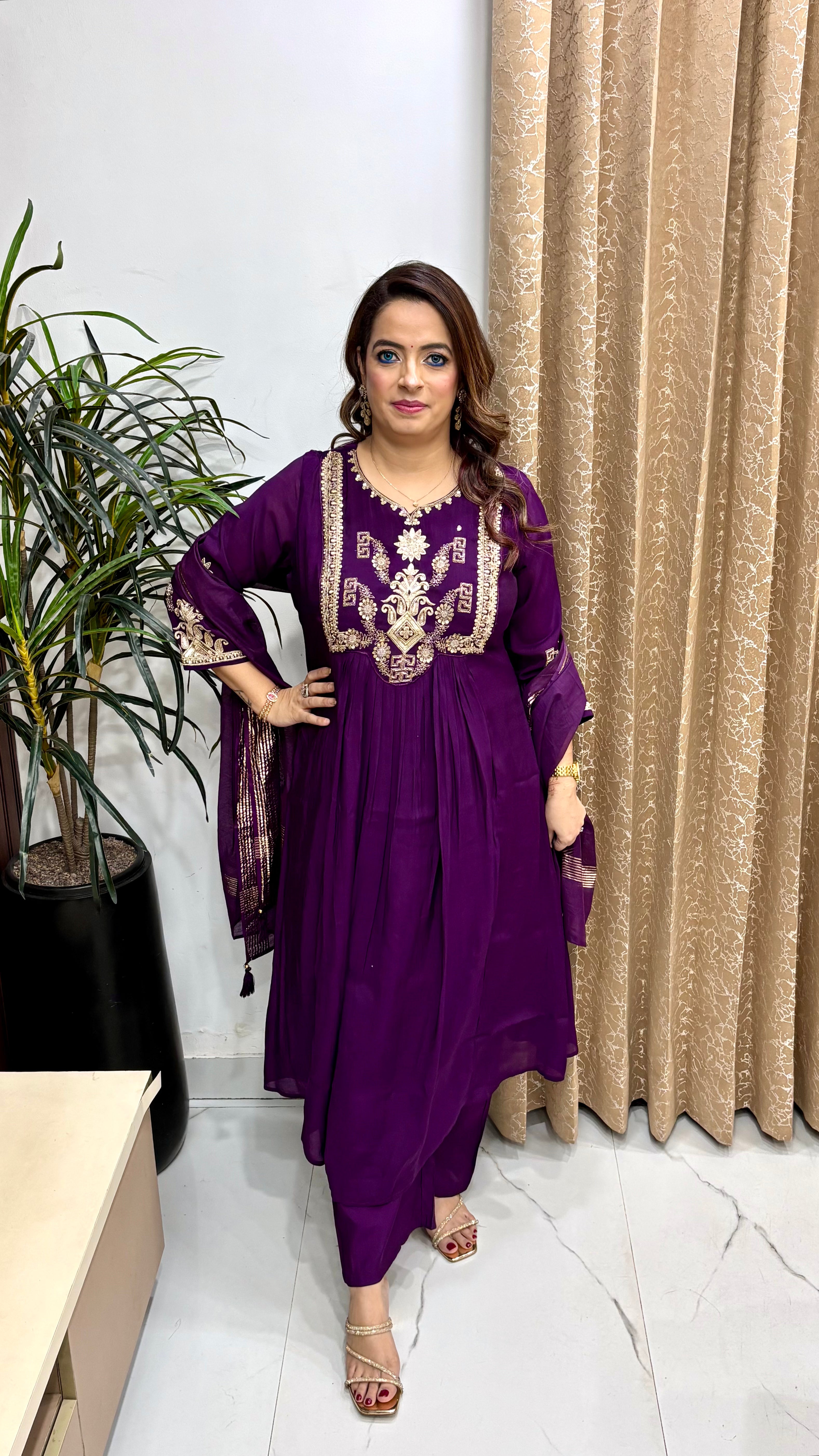 Mul Chanderi Suit with Appliqué, Pintuck Work & Lagdi Patta Dupatta