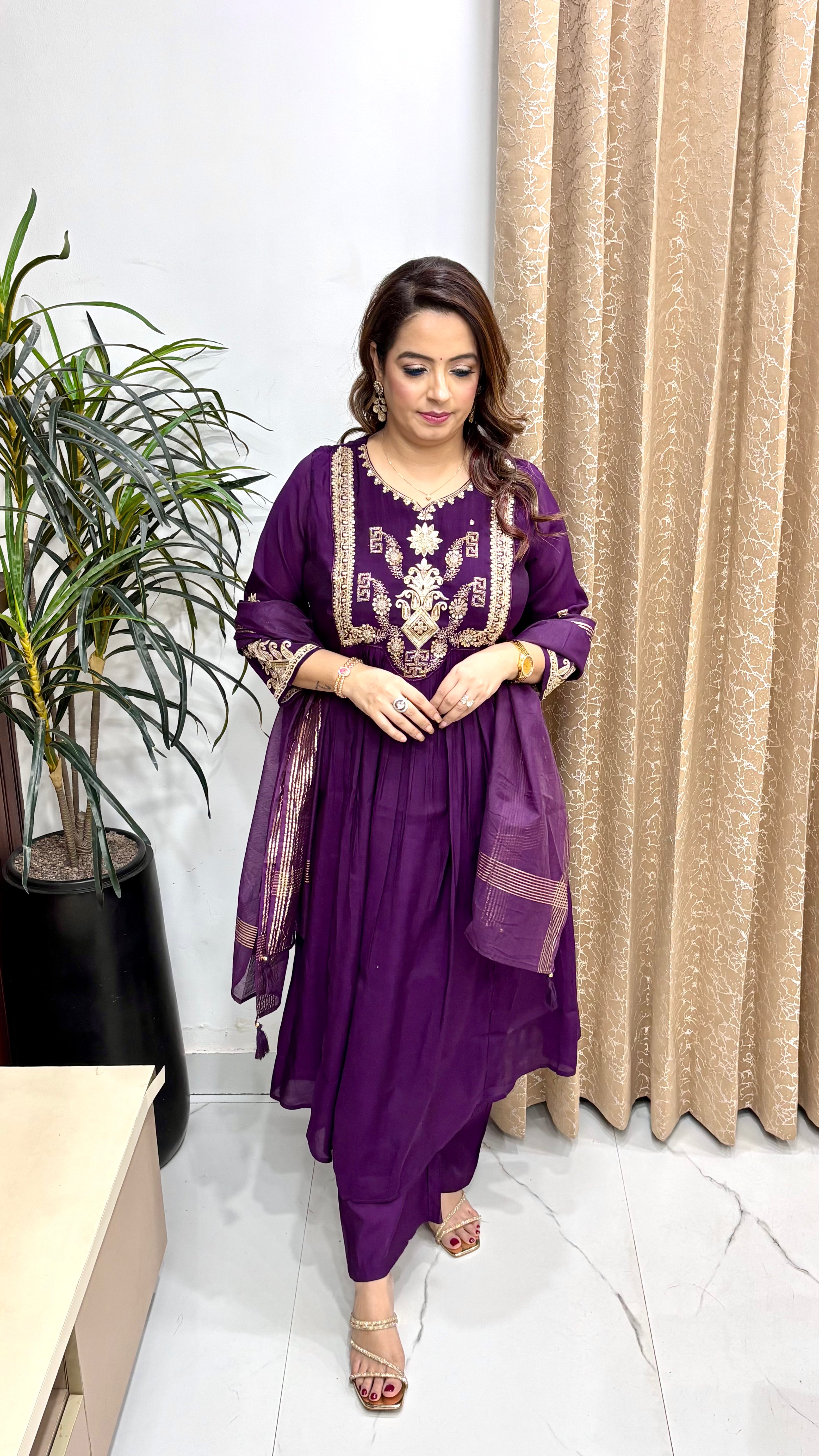 Mul Chanderi Suit with Appliqué, Pintuck Work & Lagdi Patta Dupatta