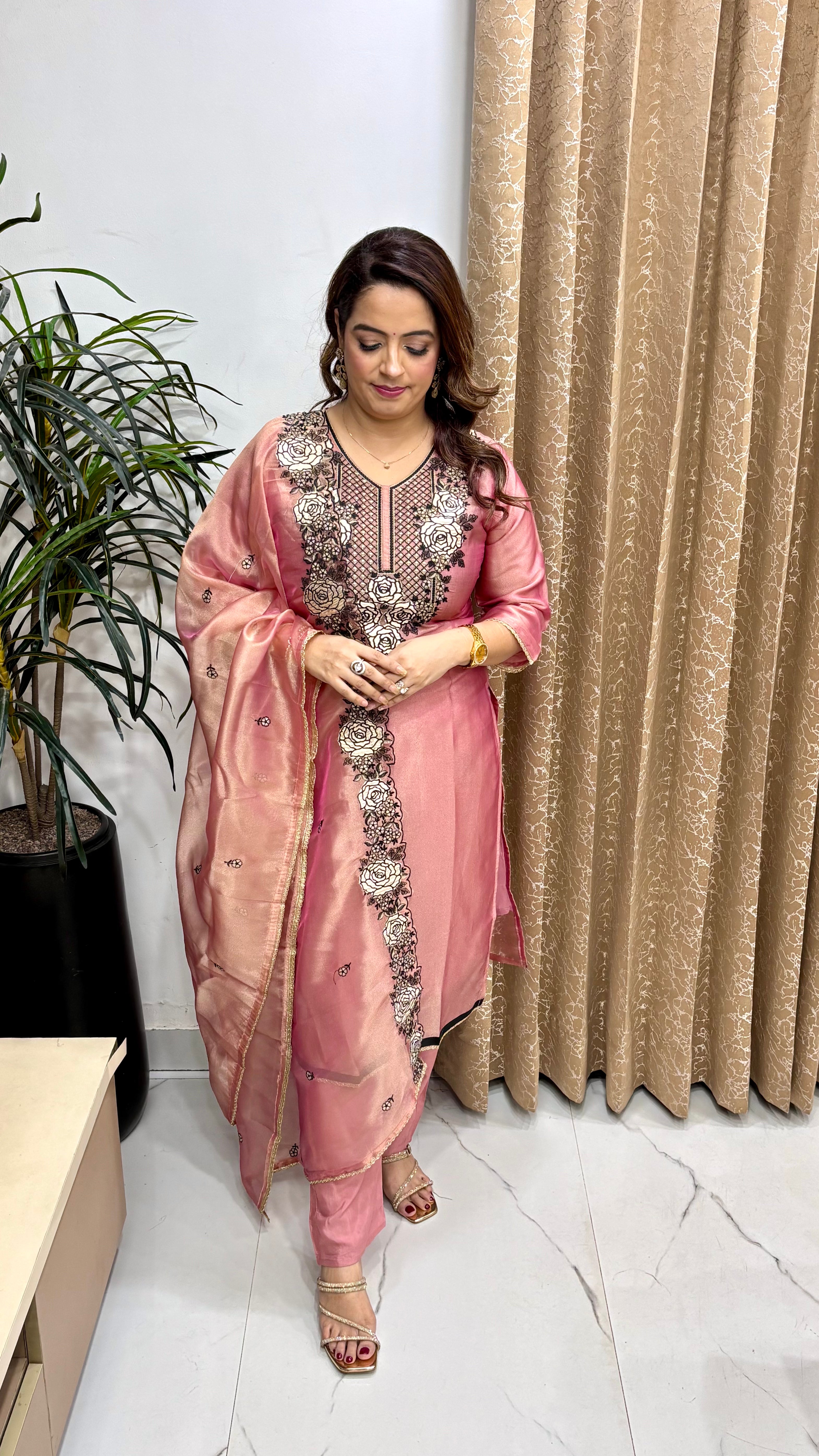 Organza Shimmer Suit with Leather Patchwork, Zari Work & Embroidered Dupatta