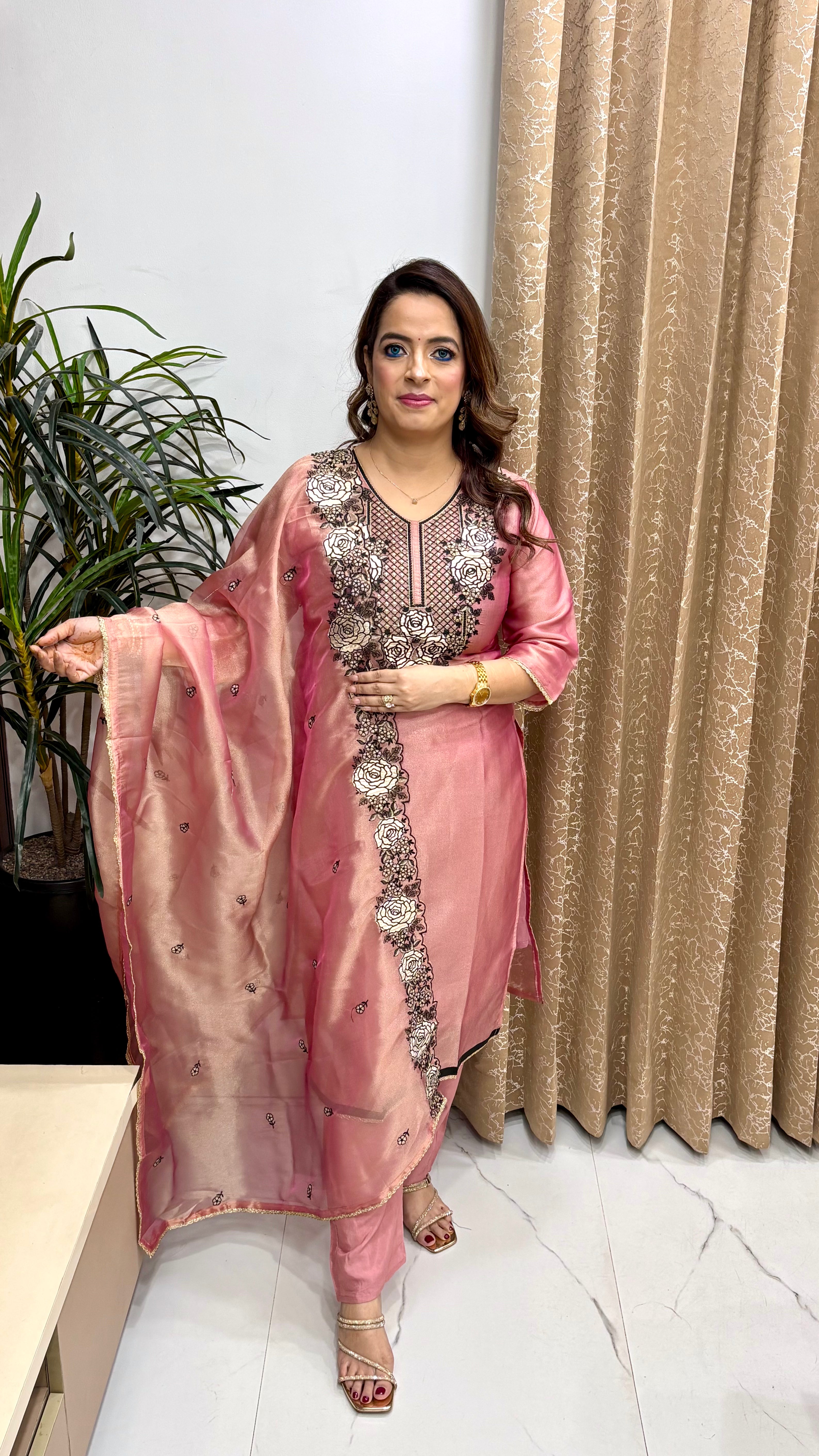 Organza Shimmer Suit with Leather Patchwork, Zari Work & Embroidered Dupatta
