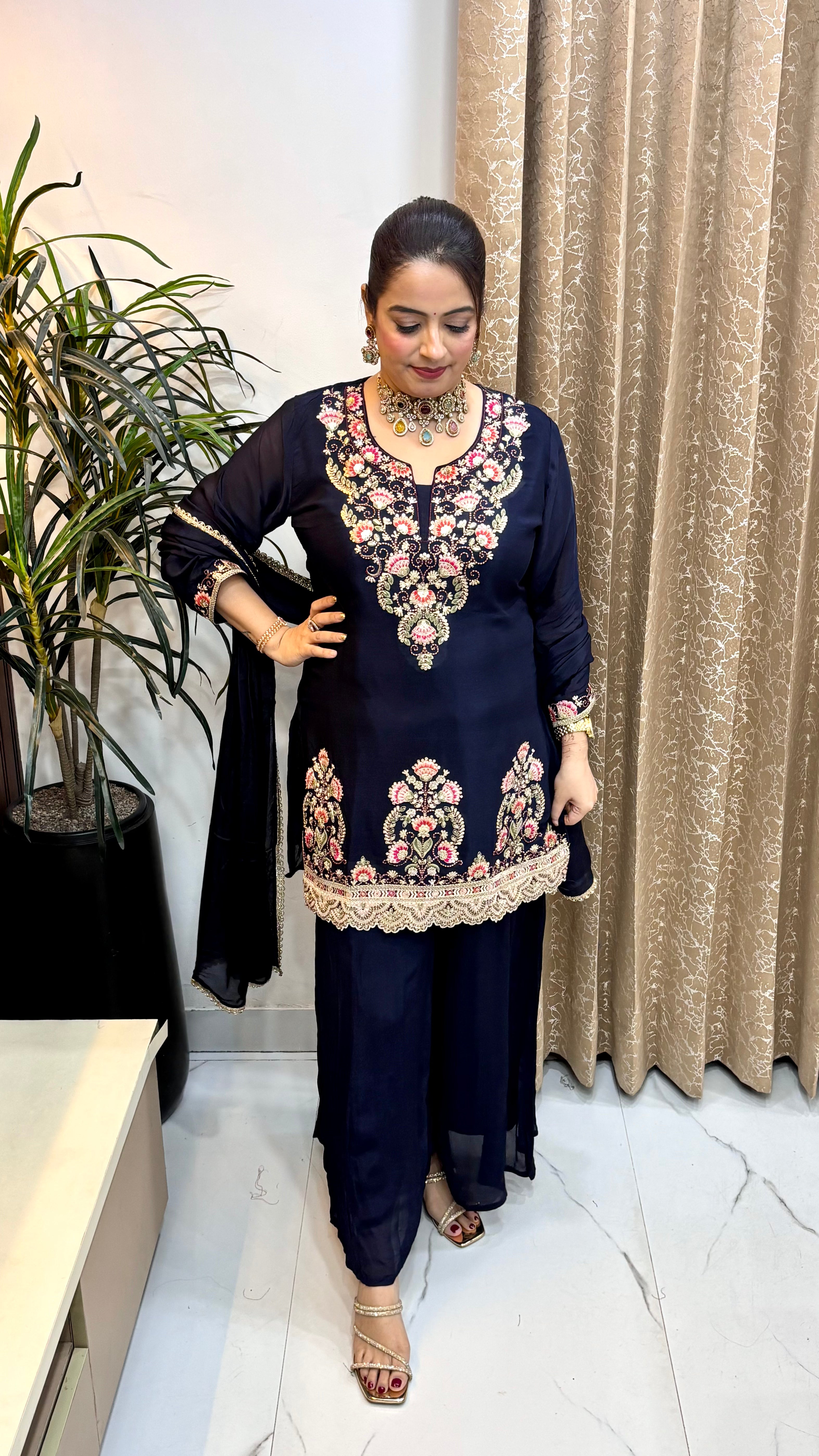 Pure Chinon Pakistani Style Suit with Cutwork Hemline & Embroidered Divider
