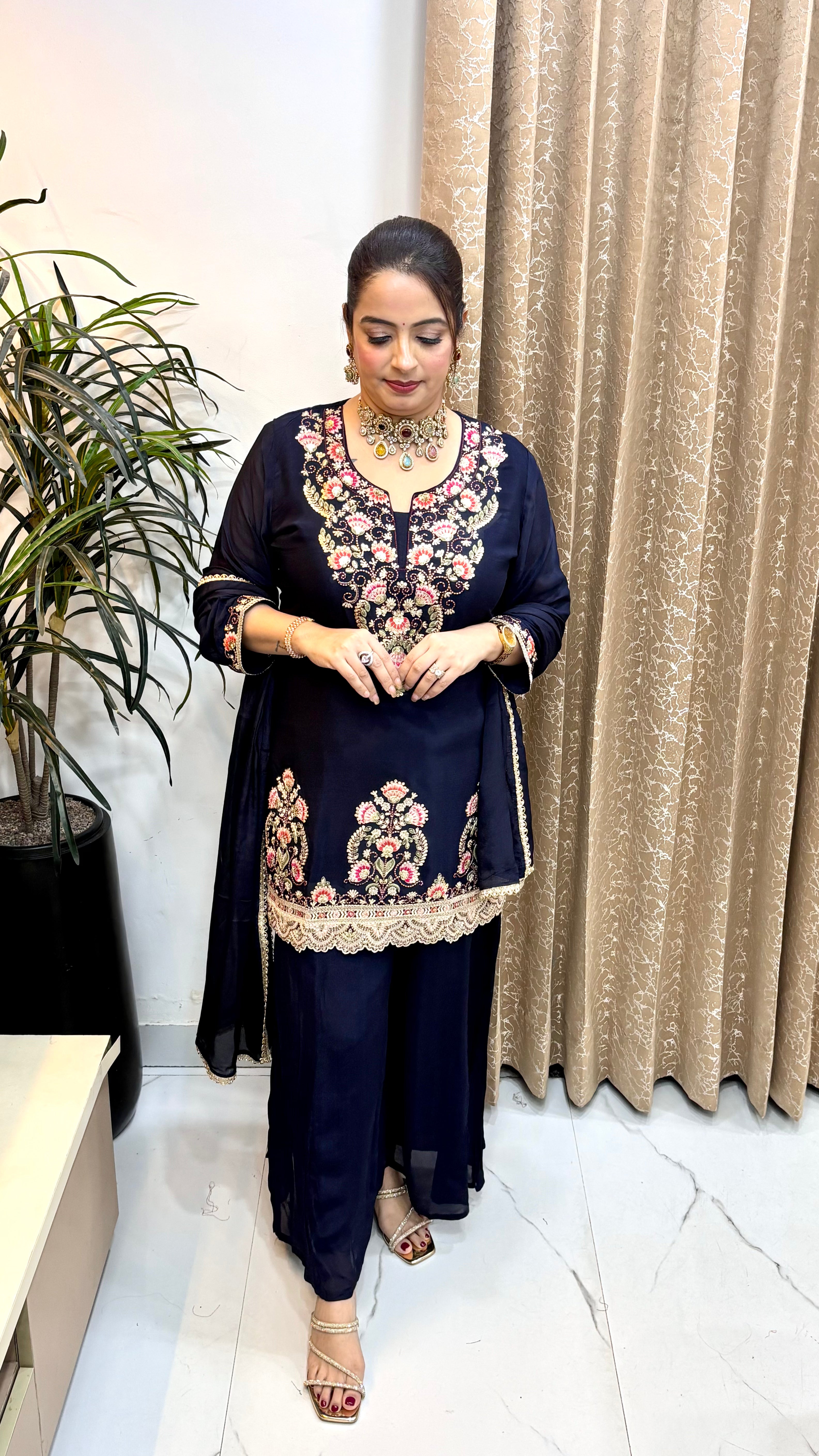 Pure Chinon Pakistani Style Suit with Cutwork Hemline & Embroidered Divider