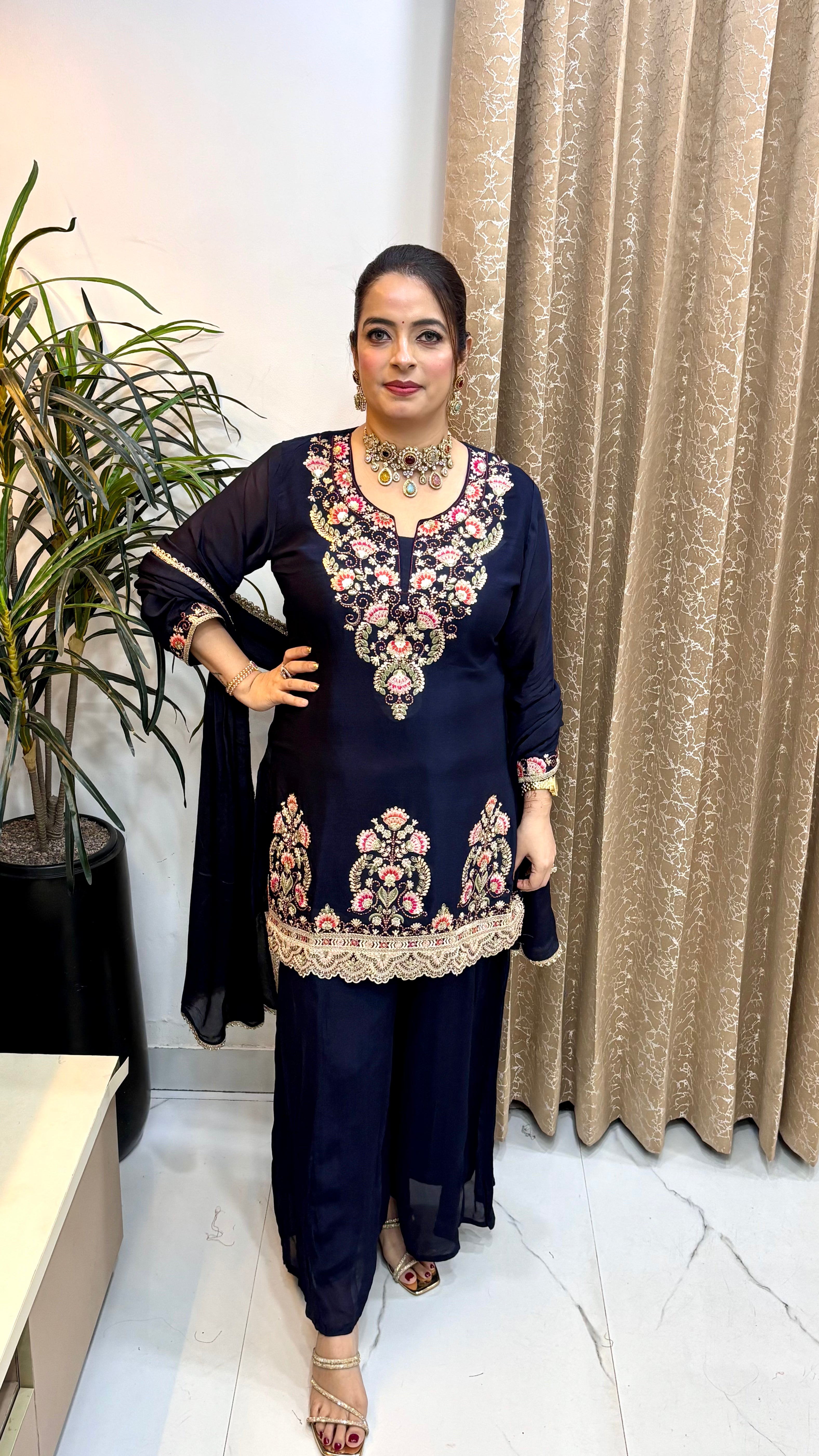 Pure Chinon Pakistani Style Suit with Cutwork Hemline & Embroidered Divider
