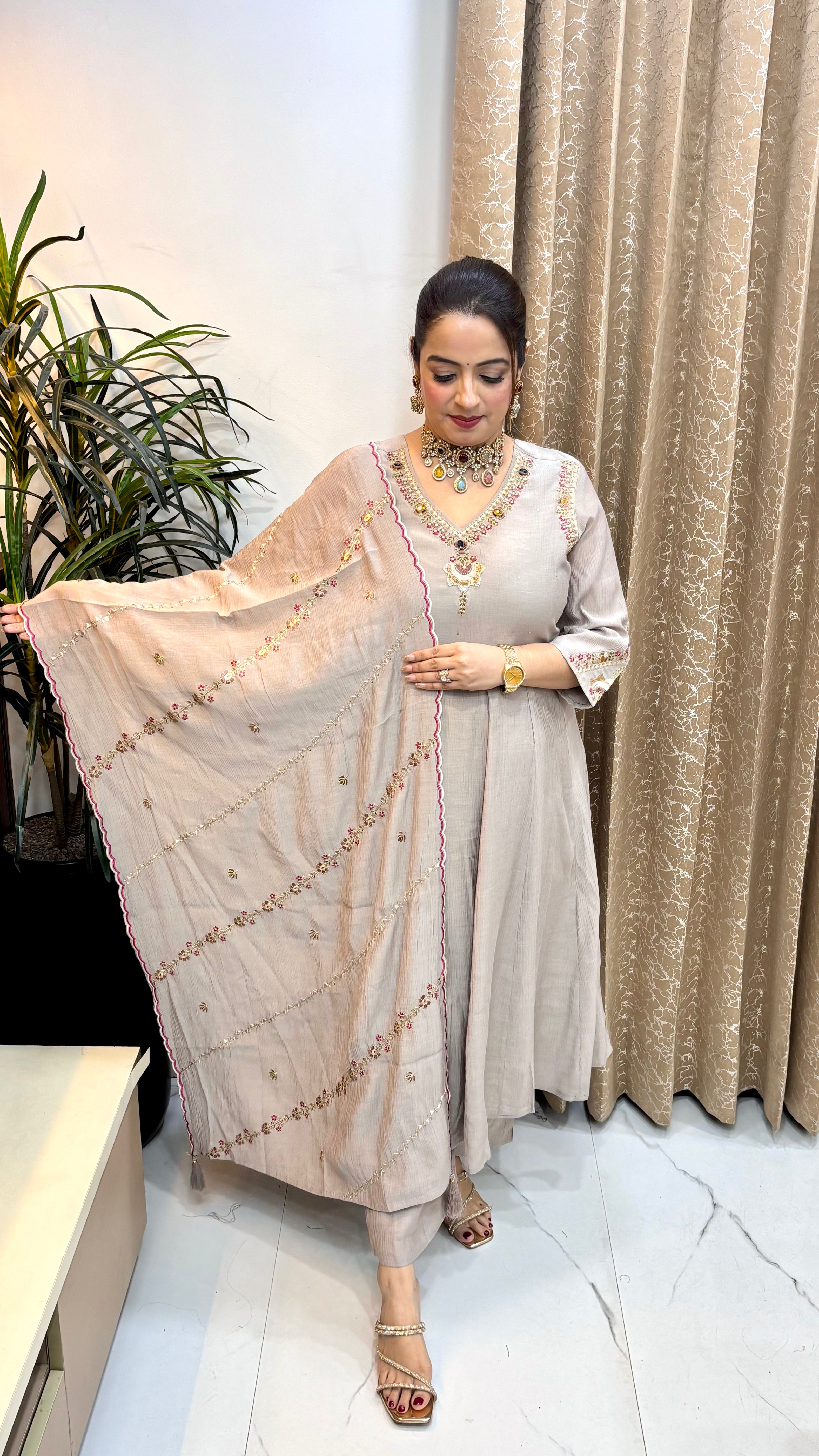 Crushed Silk Anarkali Suit with Korean Crystal Stone Work & Embroidered Dupatta