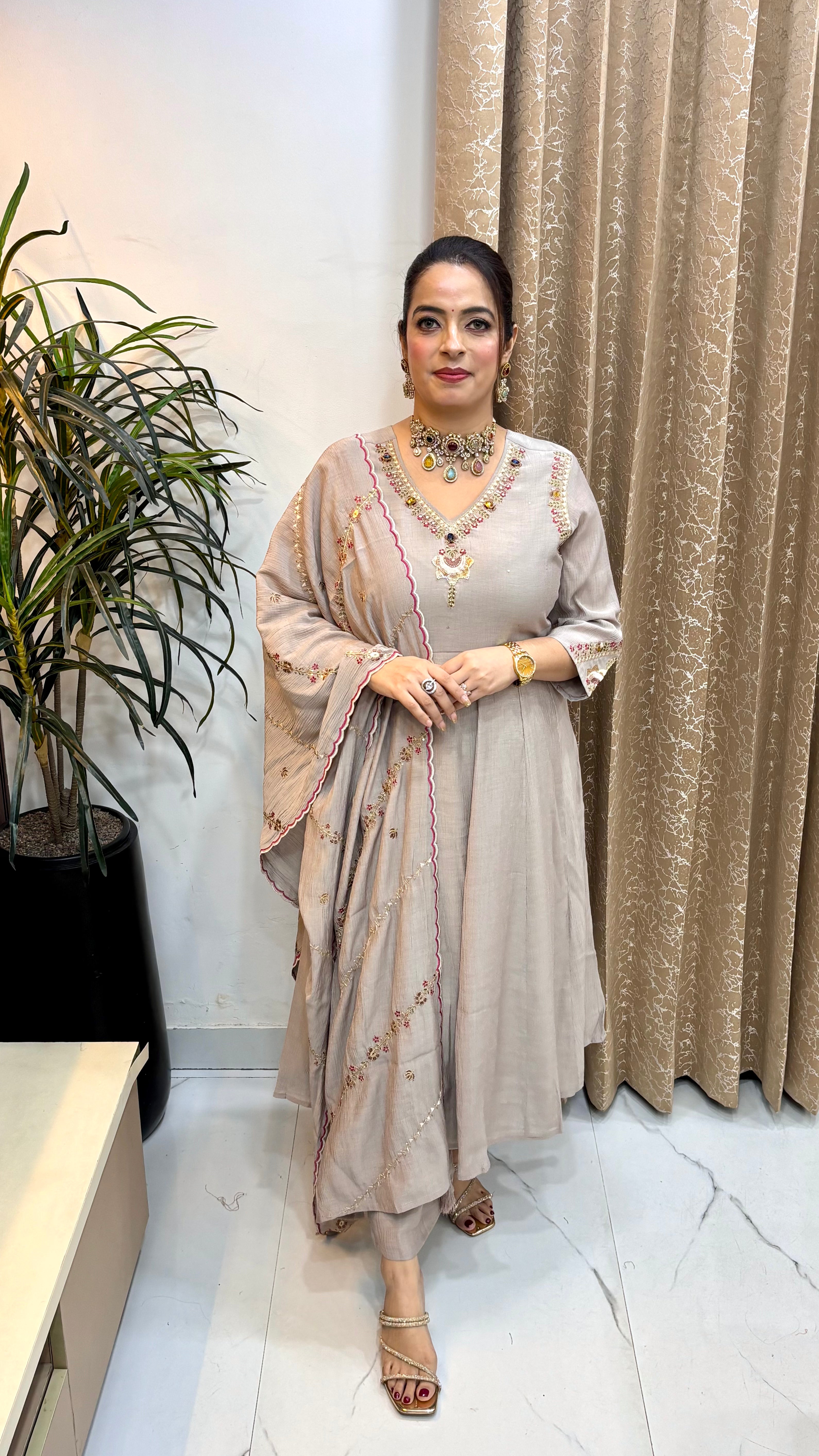 Crushed Silk Anarkali Suit with Korean Crystal Stone Work & Embroidered Dupatta