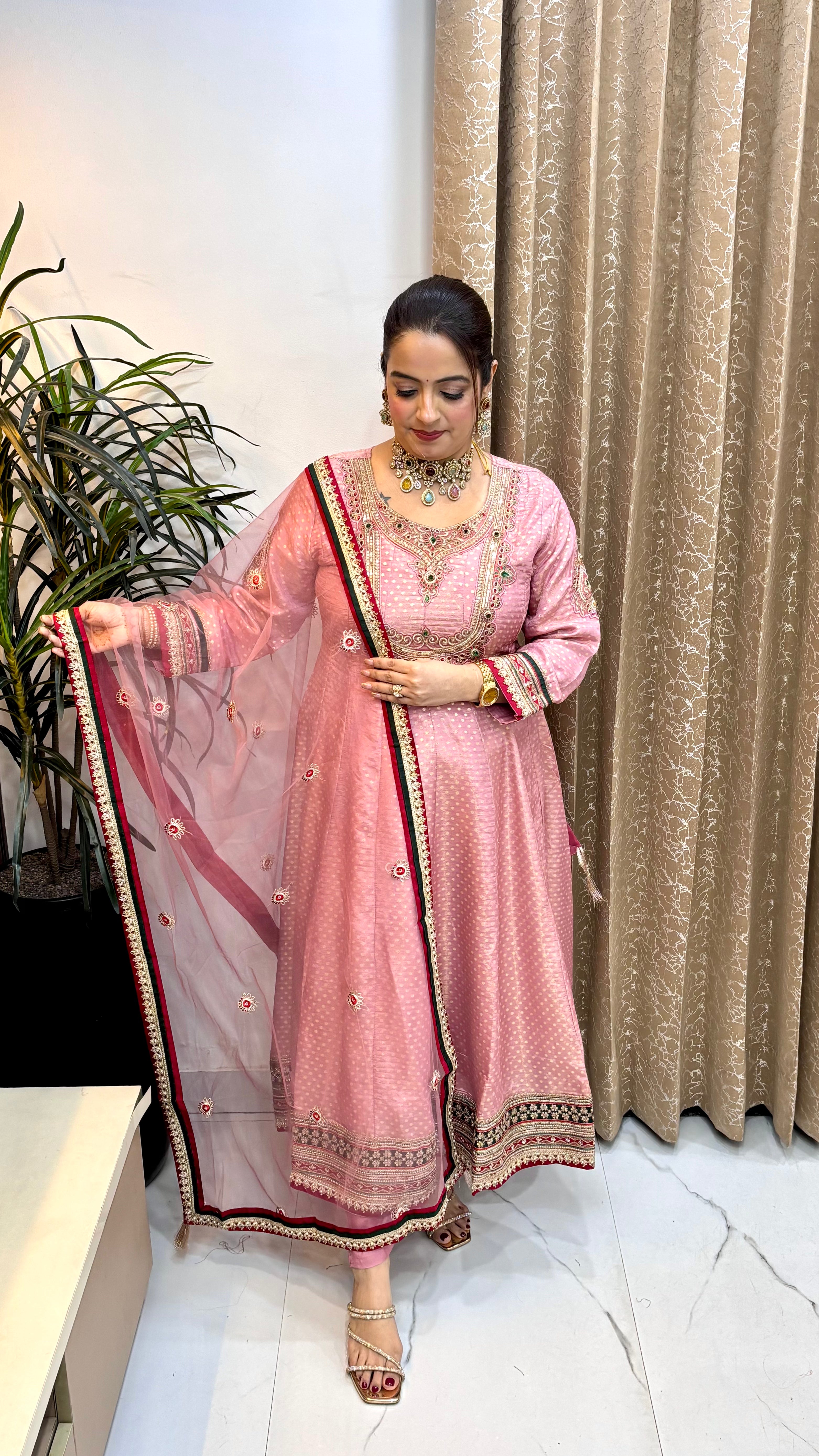 Pure Banarasi Silk Suit with Korean Crystal Necklace Work & Net Dupatta