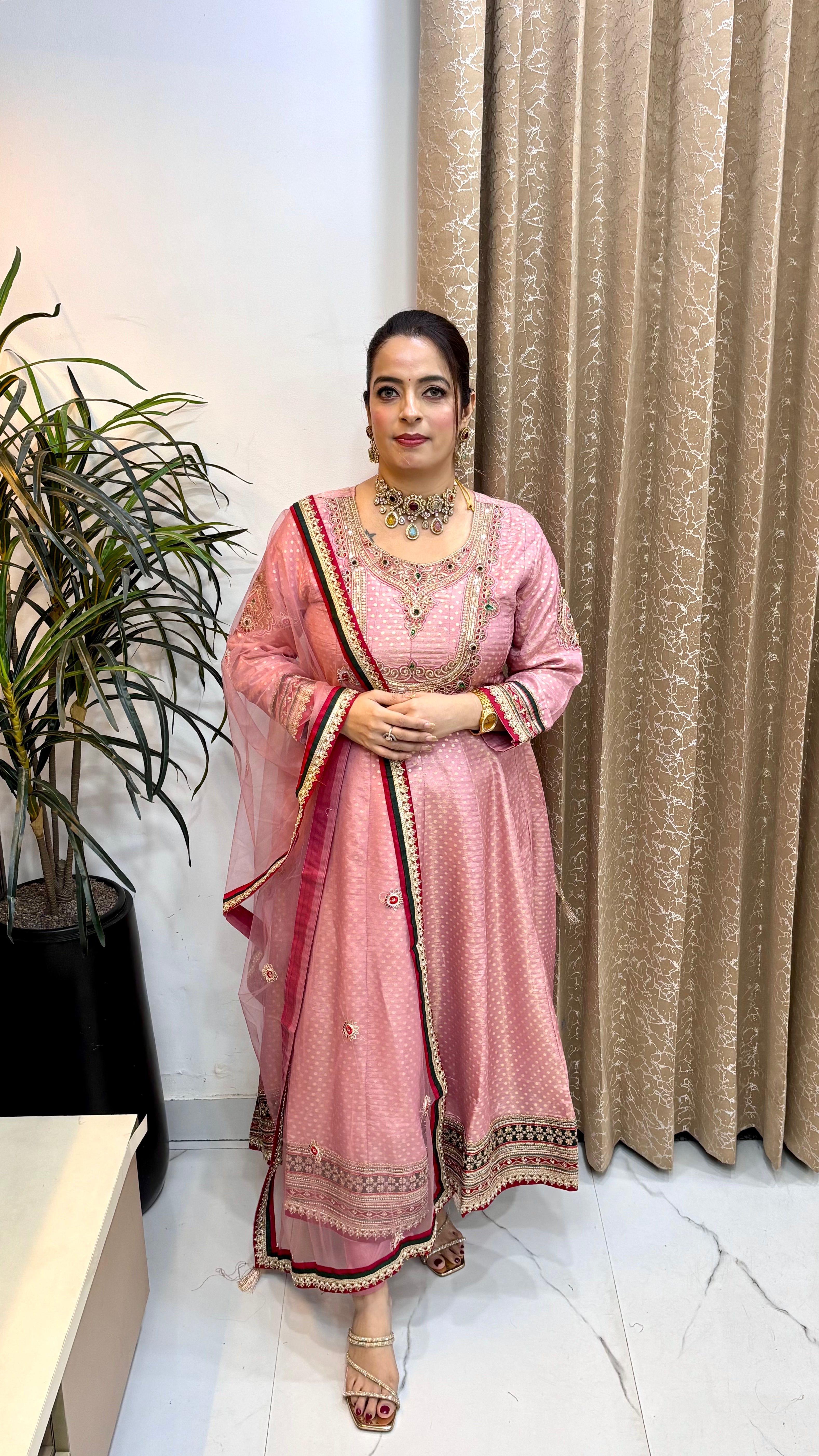 Pure Banarasi Silk Suit with Korean Crystal Necklace Work & Net Dupatta