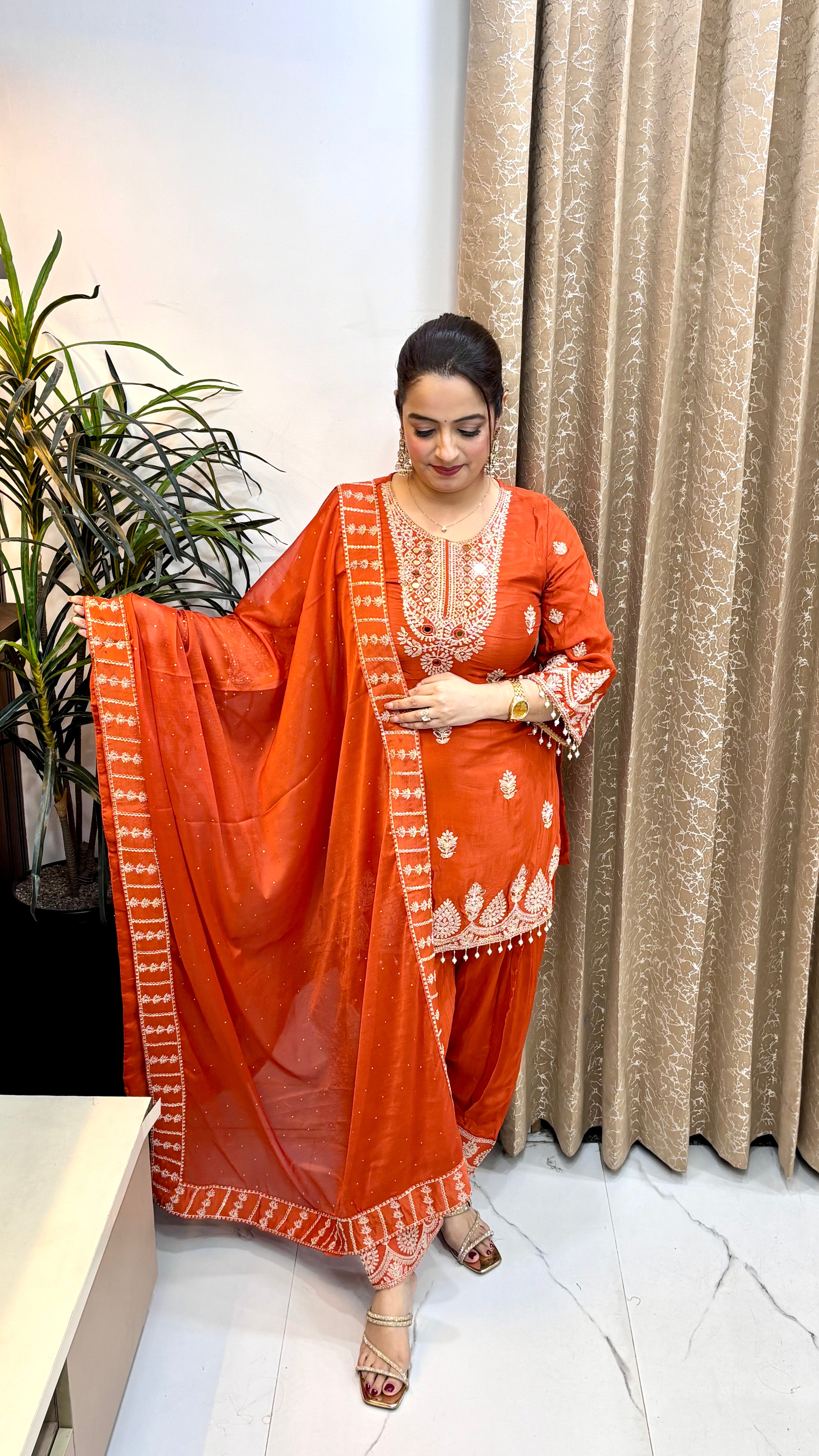 Pure Chinon Suit with Real Mirror Work, Farshi Salwar & Block Printed Dupatta